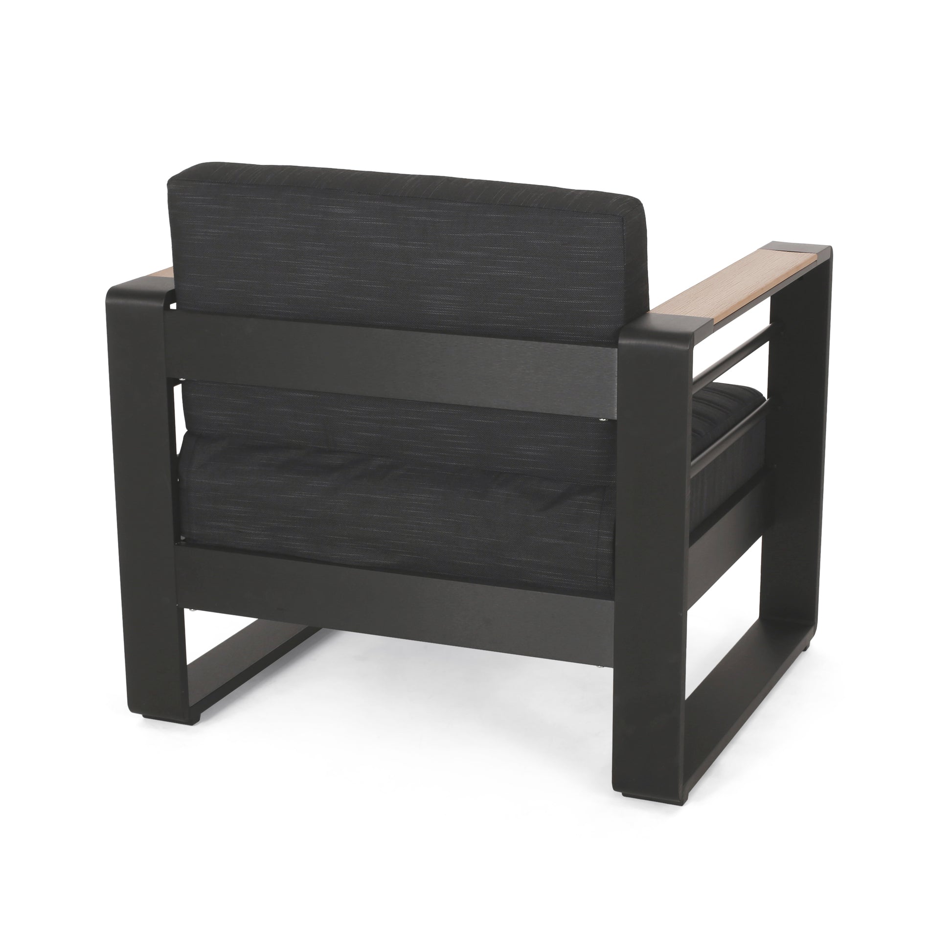 Modern black aluminum armchair with grey textured cushions and wood armrests