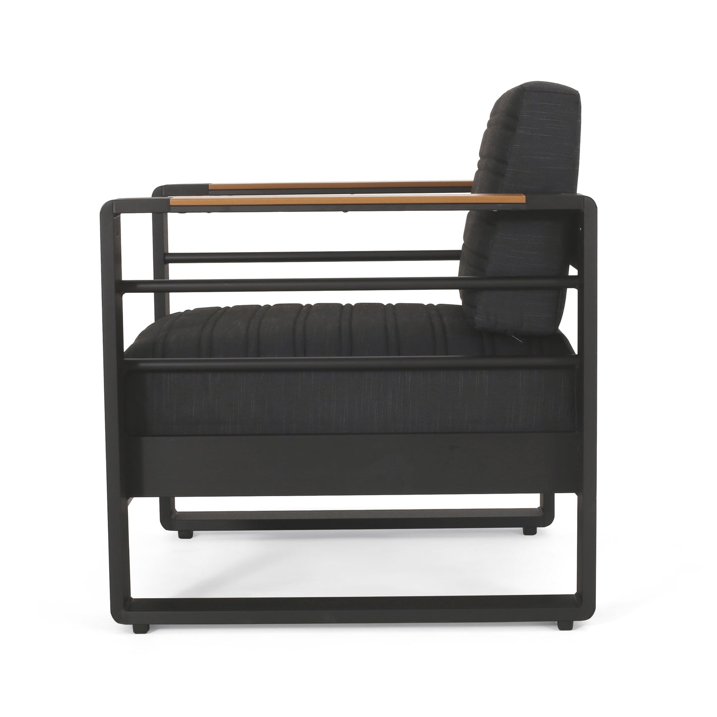 Black upholstered armchair with a modern metal frame and wooden armrest accents