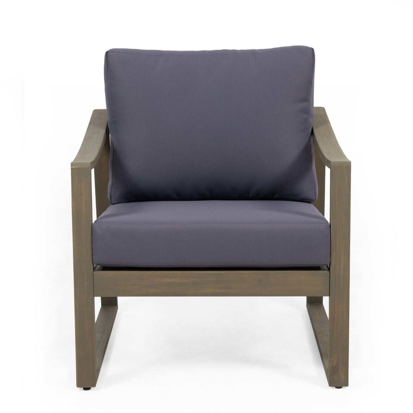 Modern outdoor armchair with grey cushions and a weathered wood frame perfect for patio seating