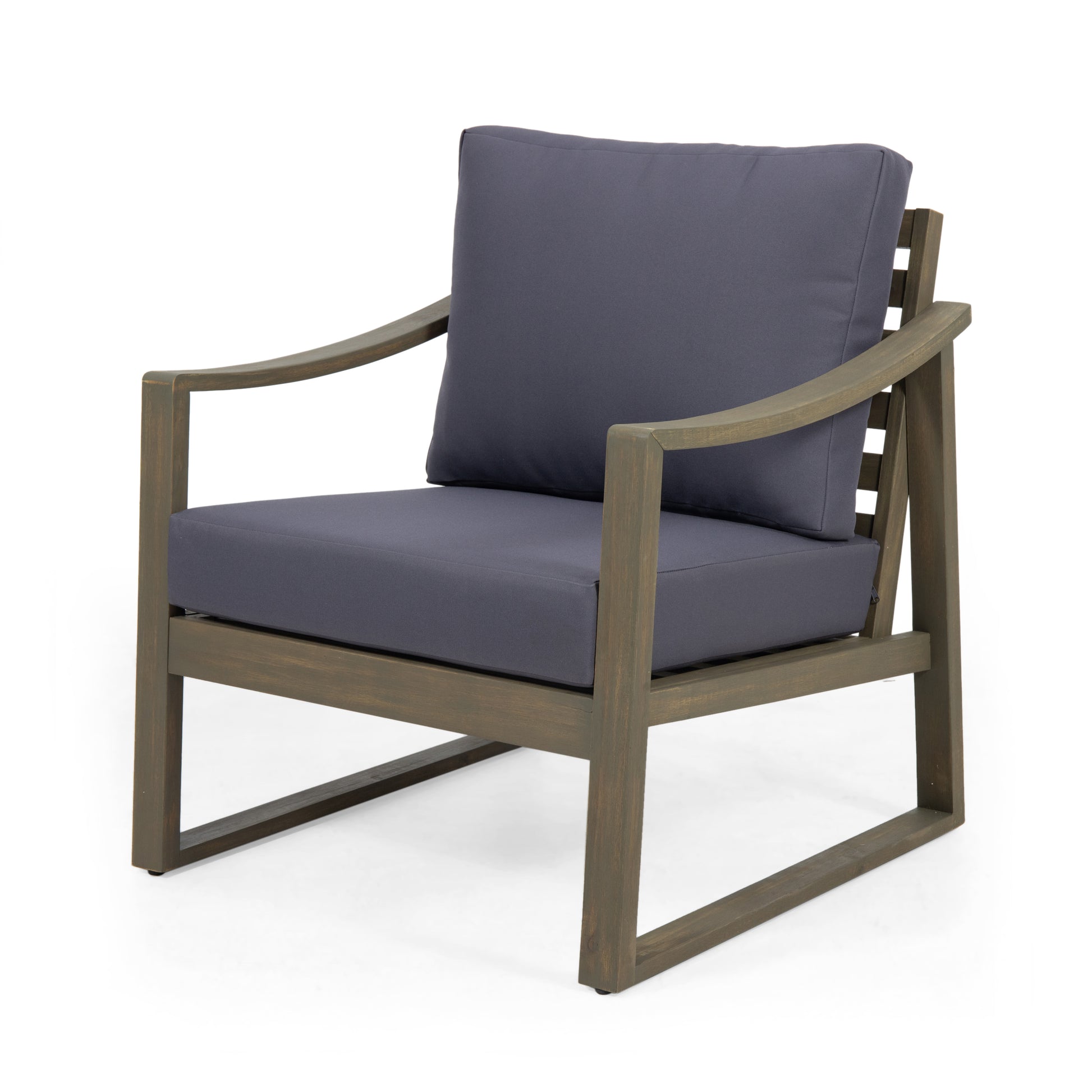 Rustic wood armchair with dark grey cushion perfect for patio relaxation