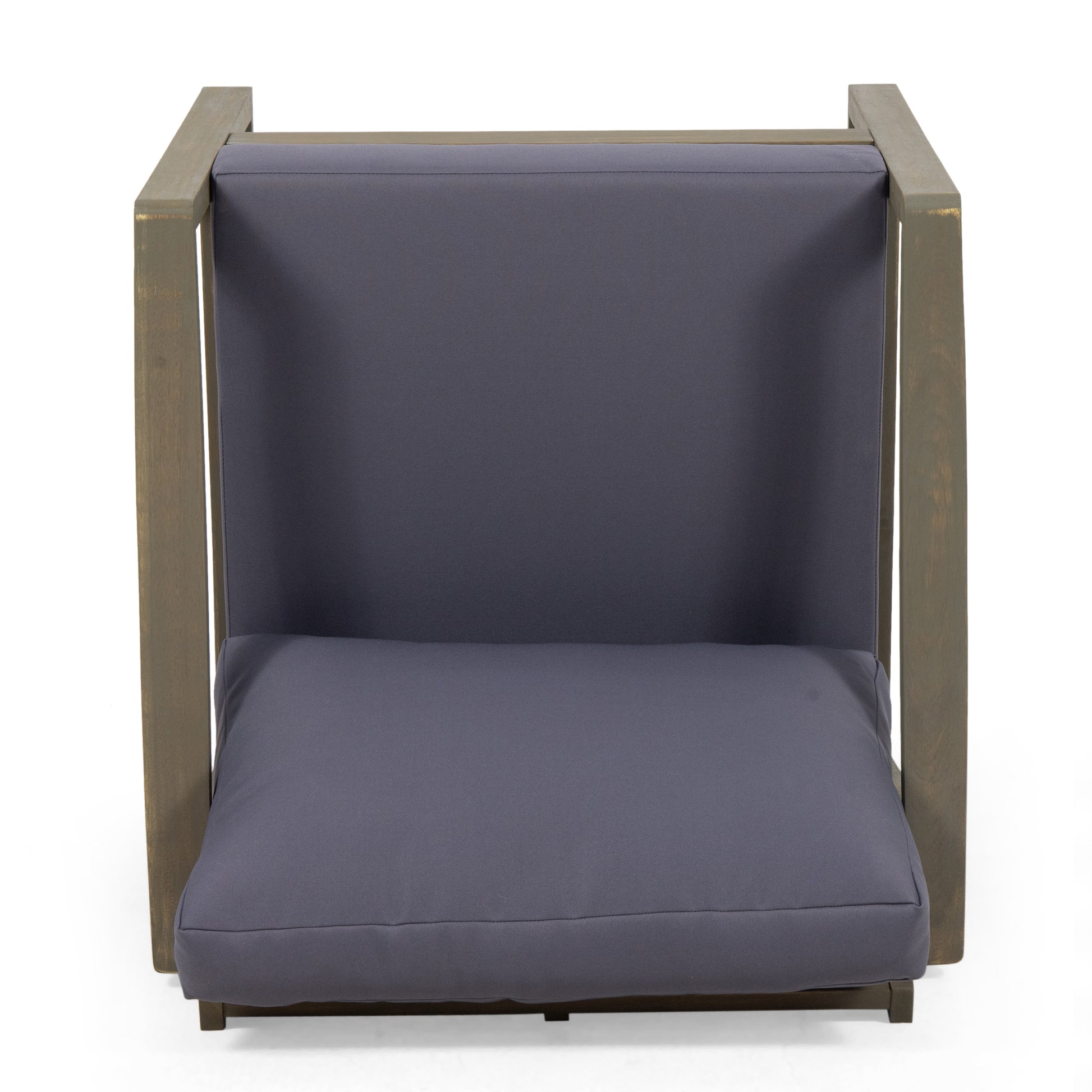 Top view of a modern outdoor chair with a grey fabric seat and back on a rustic wooden frame