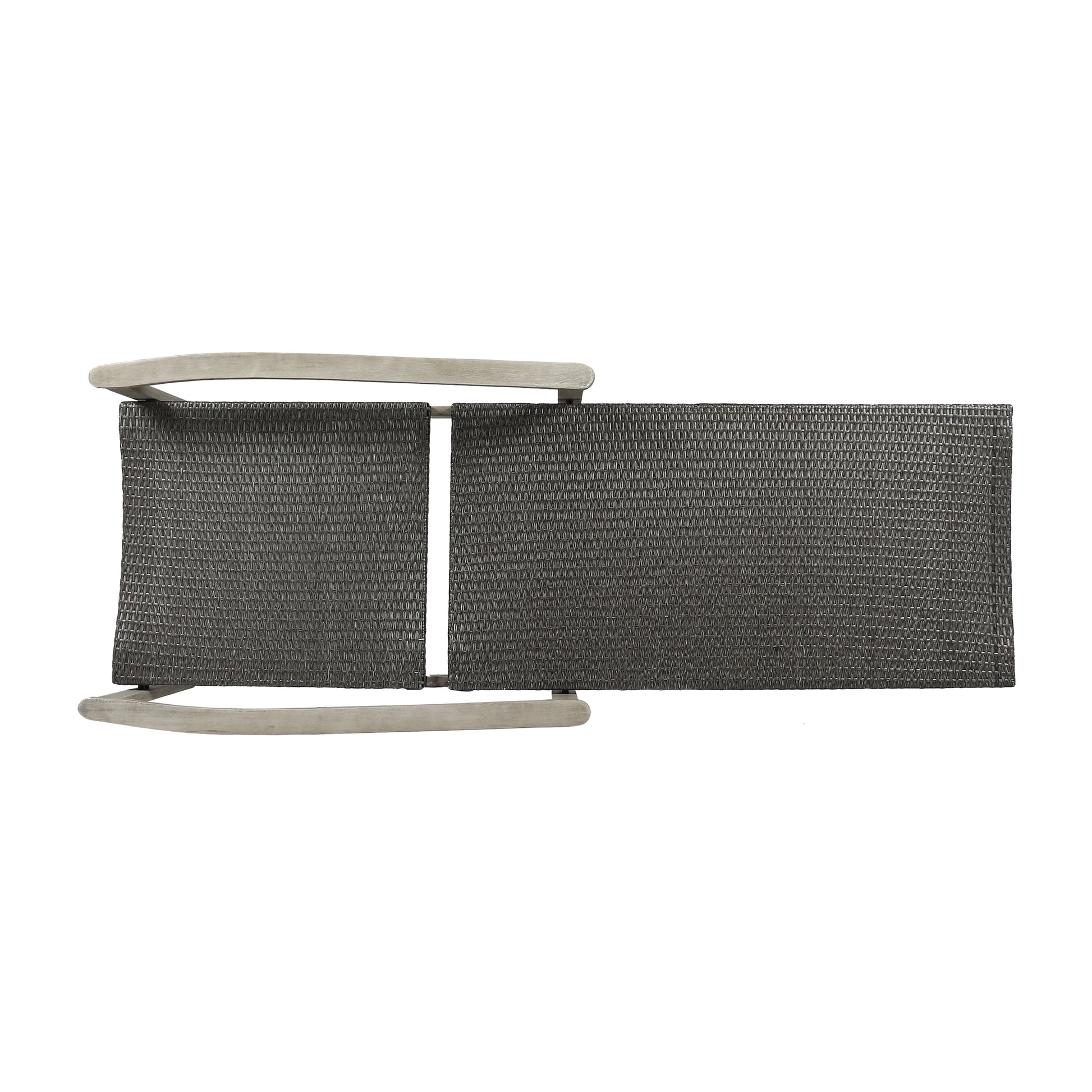 Dark grey woven patio chaise lounge with light grey wooden arms