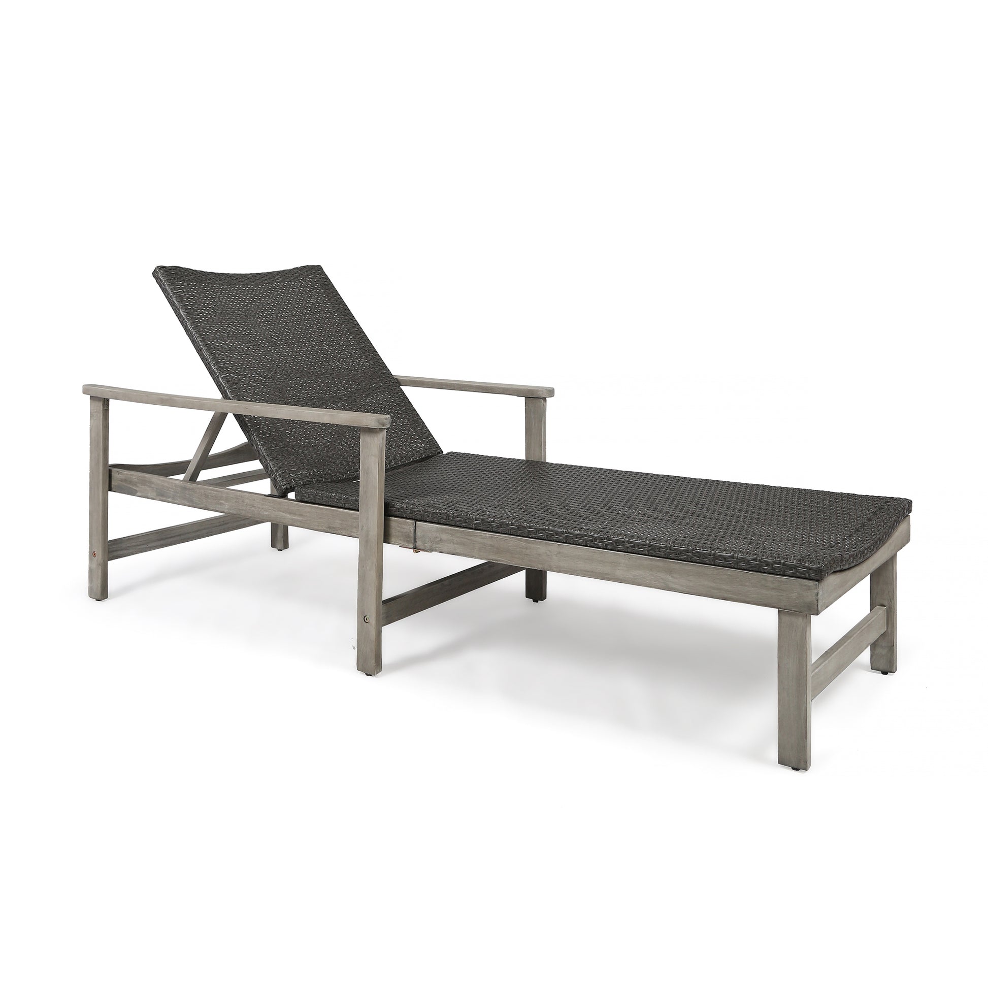 Gray wicker chaise lounge with adjustable back and wooden frame on white background