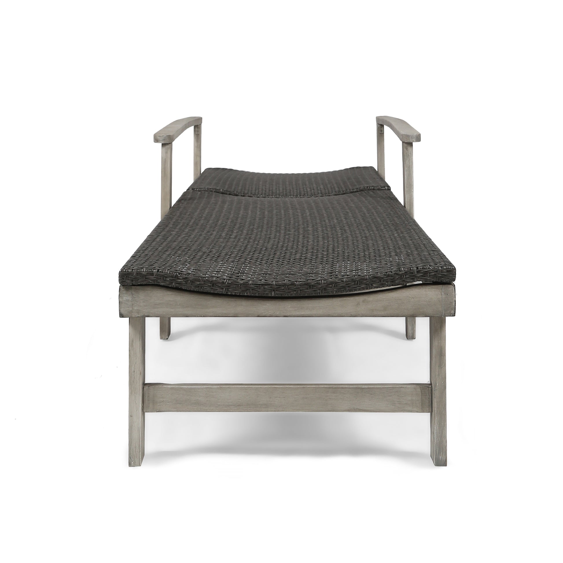 Grey wicker outdoor chaise lounge with weathered wood frame