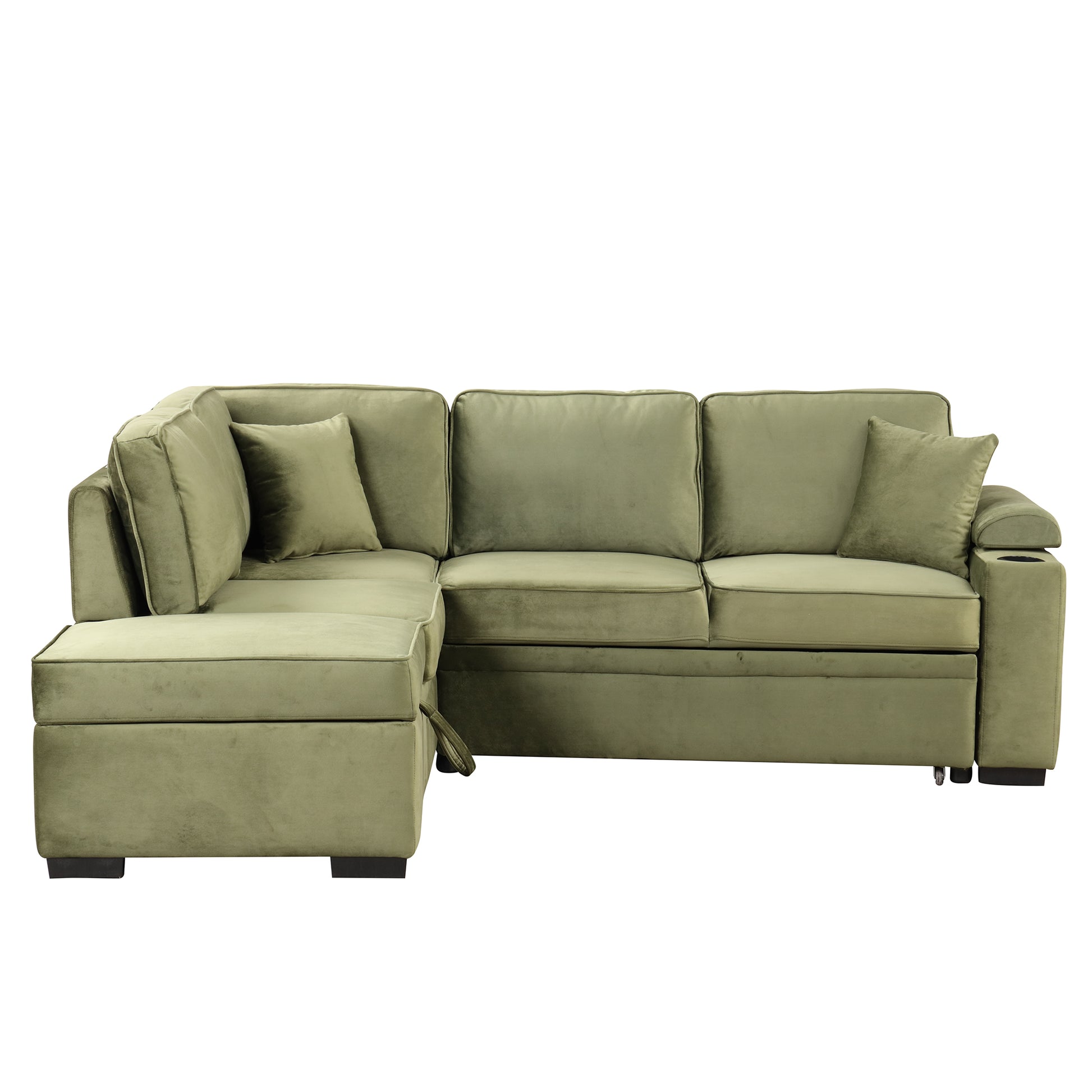 Sage green velvet sectional sofa with chaise and builtin cup holder