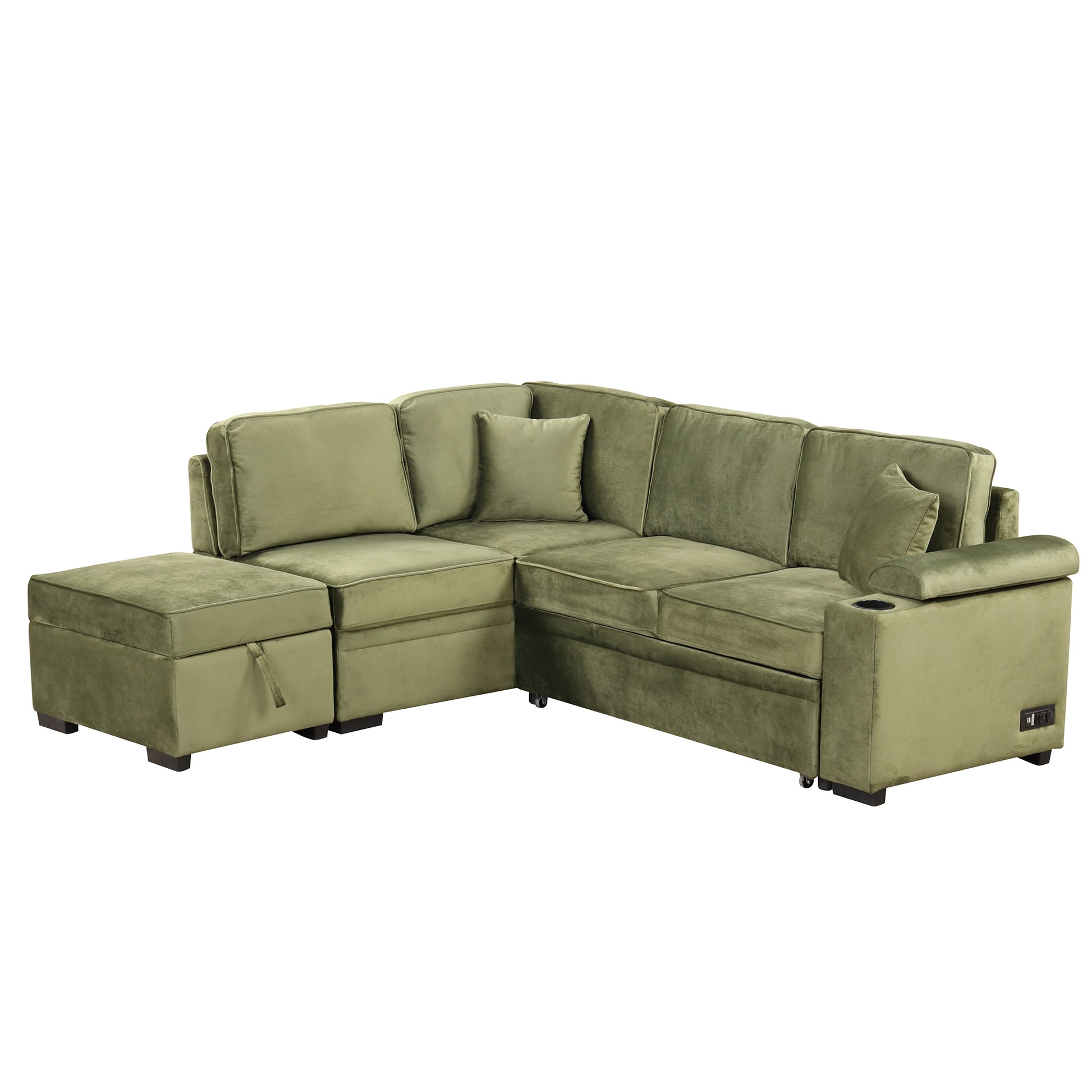 Olive green velvet sectional sofa with storage ottoman and cup holder