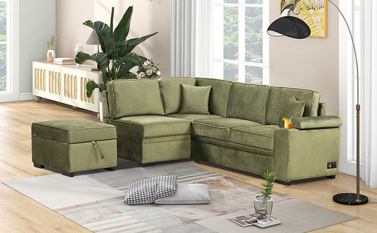 Plush olive green velvet sectional sofa with matching ottoman perfect for living room comfort