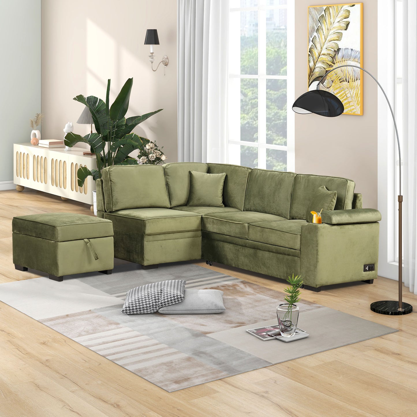 Olive green velvet sectional sofa with storage ottoman modern living room furniture
