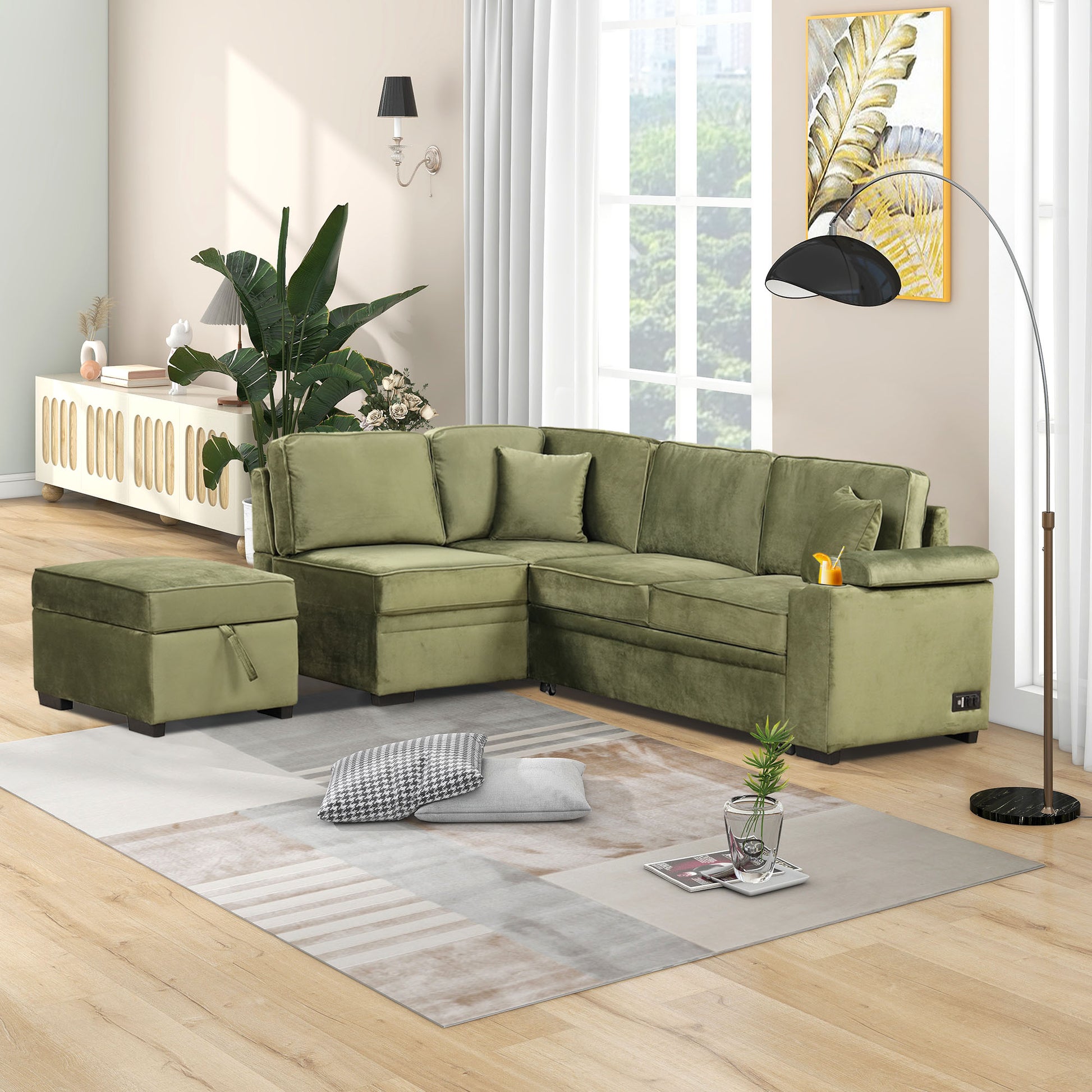 Olive green velvet sectional sofa with storage ottoman modern living room furniture