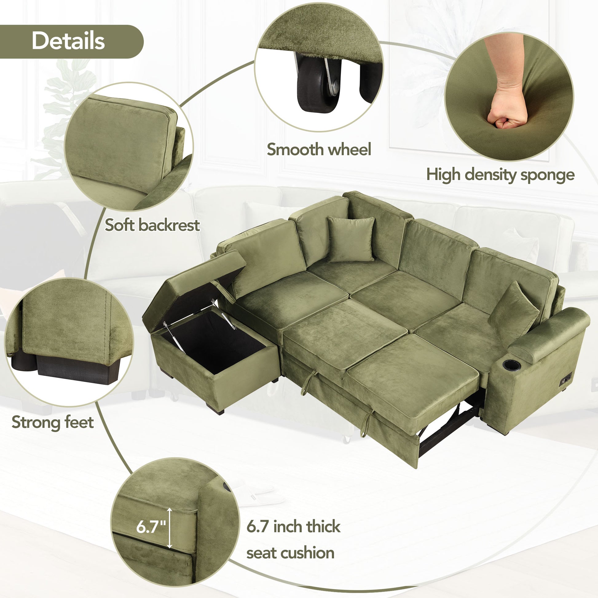 Olive green sectional sofa with plush cushions storage ottoman and cup holder