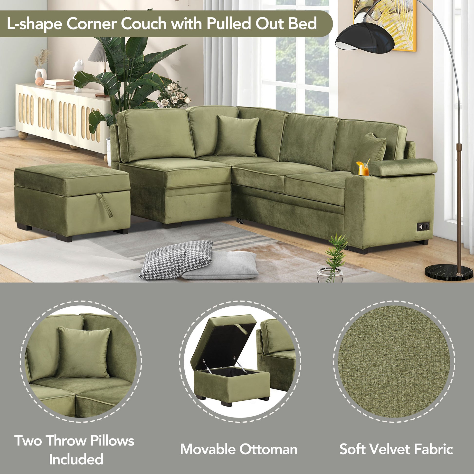 Sage green Lshape sectional couch with hidden storage ottoman for living rooms