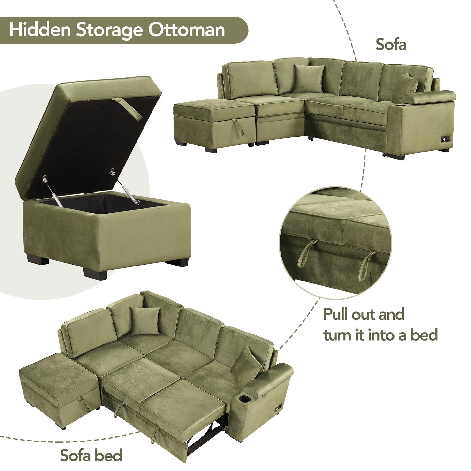 Sage green velvet storage ottoman with lid open revealing spacious interior