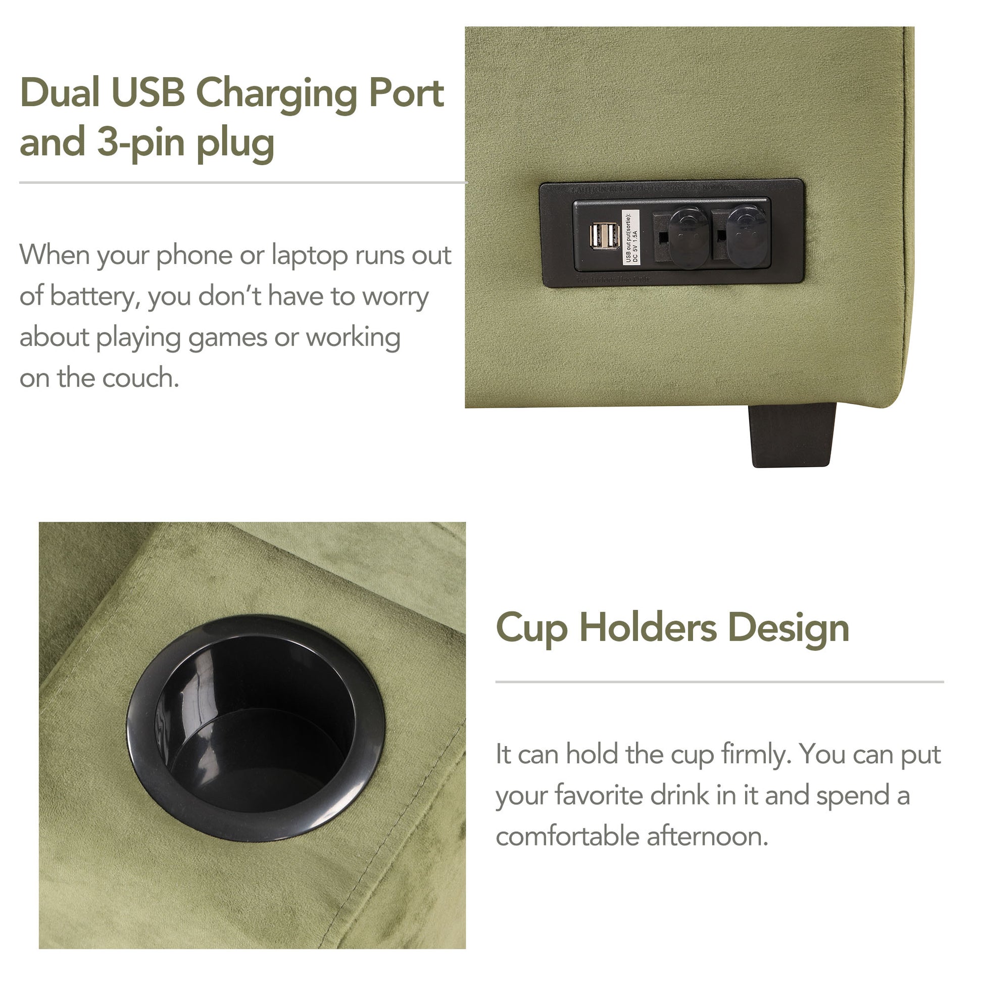 Closeup of a builtin couch charging station with dual USB ports and a pin plug outlet