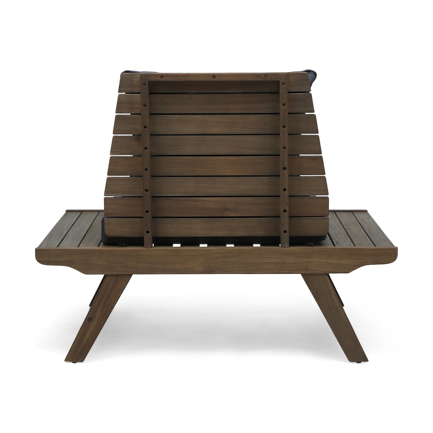 Dark brown wooden outdoor lounge chair with slatted seat and backrest