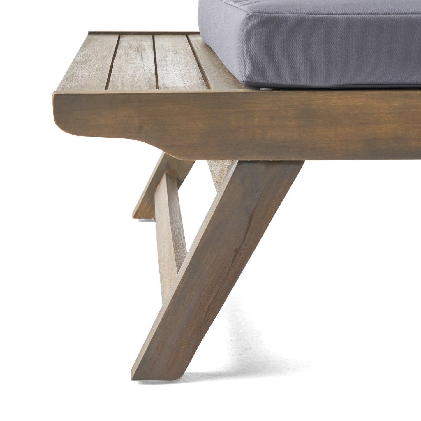Dark brown wooden outdoor bench with grey upholstered seat cushion