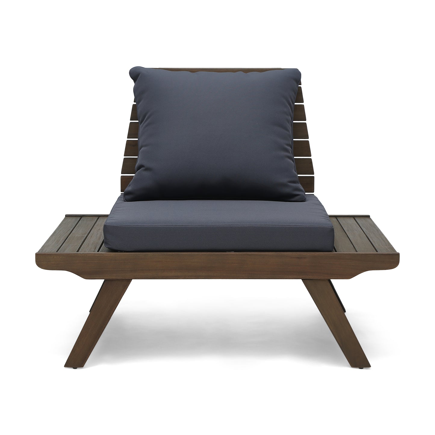 Modern wooden deck chair with dark gray cushions for outdoor relaxation