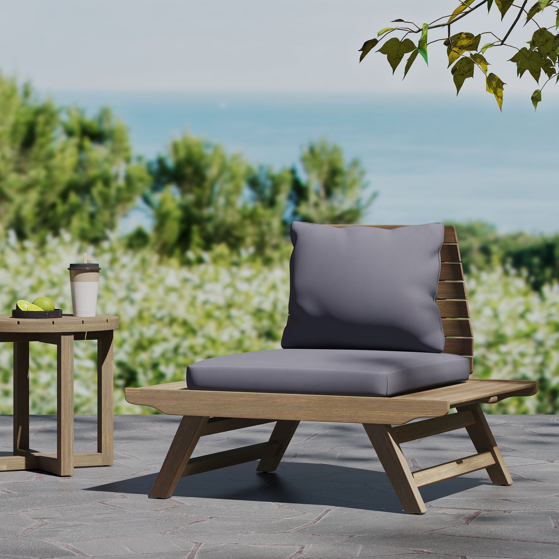Modern wooden outdoor chair with grey cushion perfect for patio relaxation
