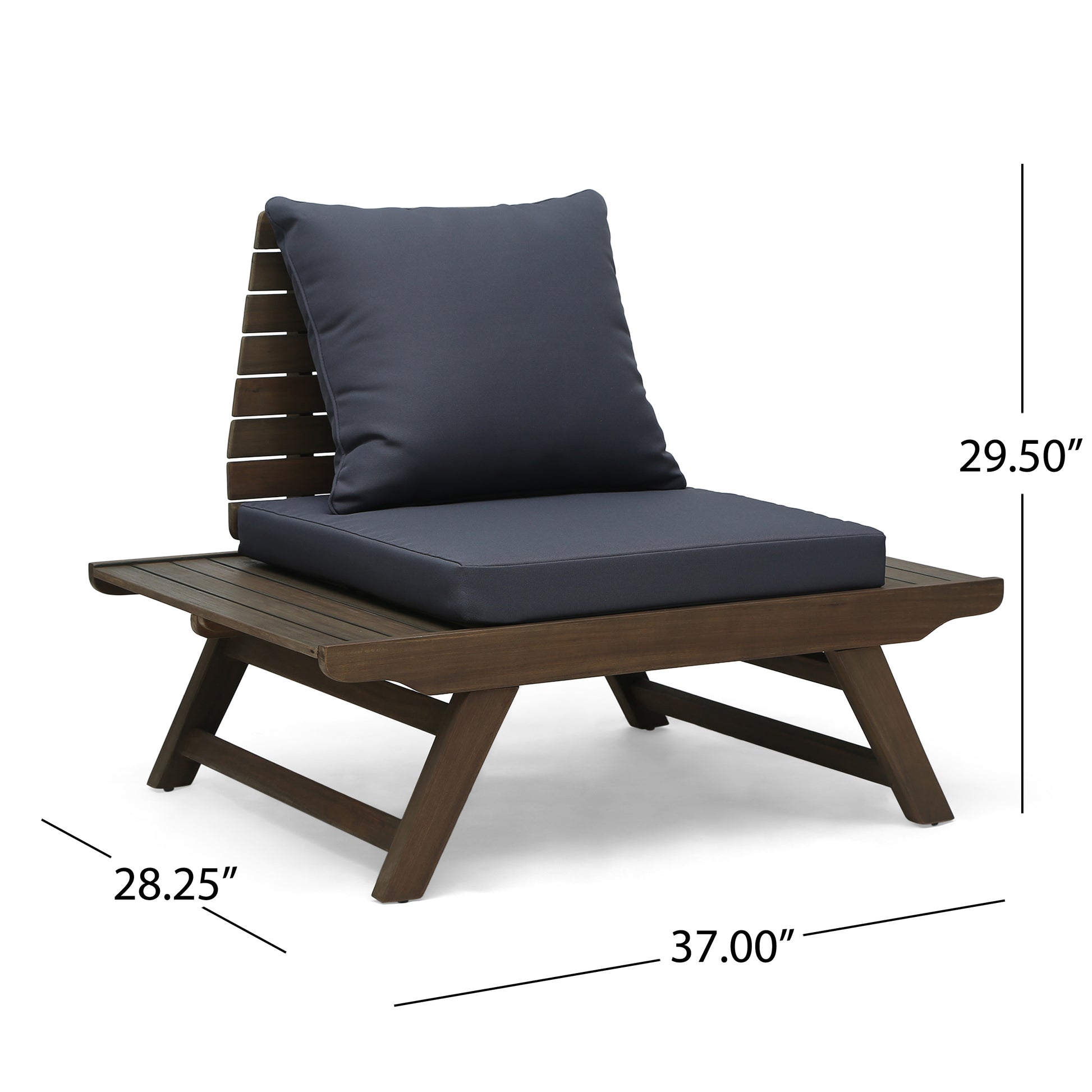 Modern wooden outdoor chair with dark grey cushion slatted back design