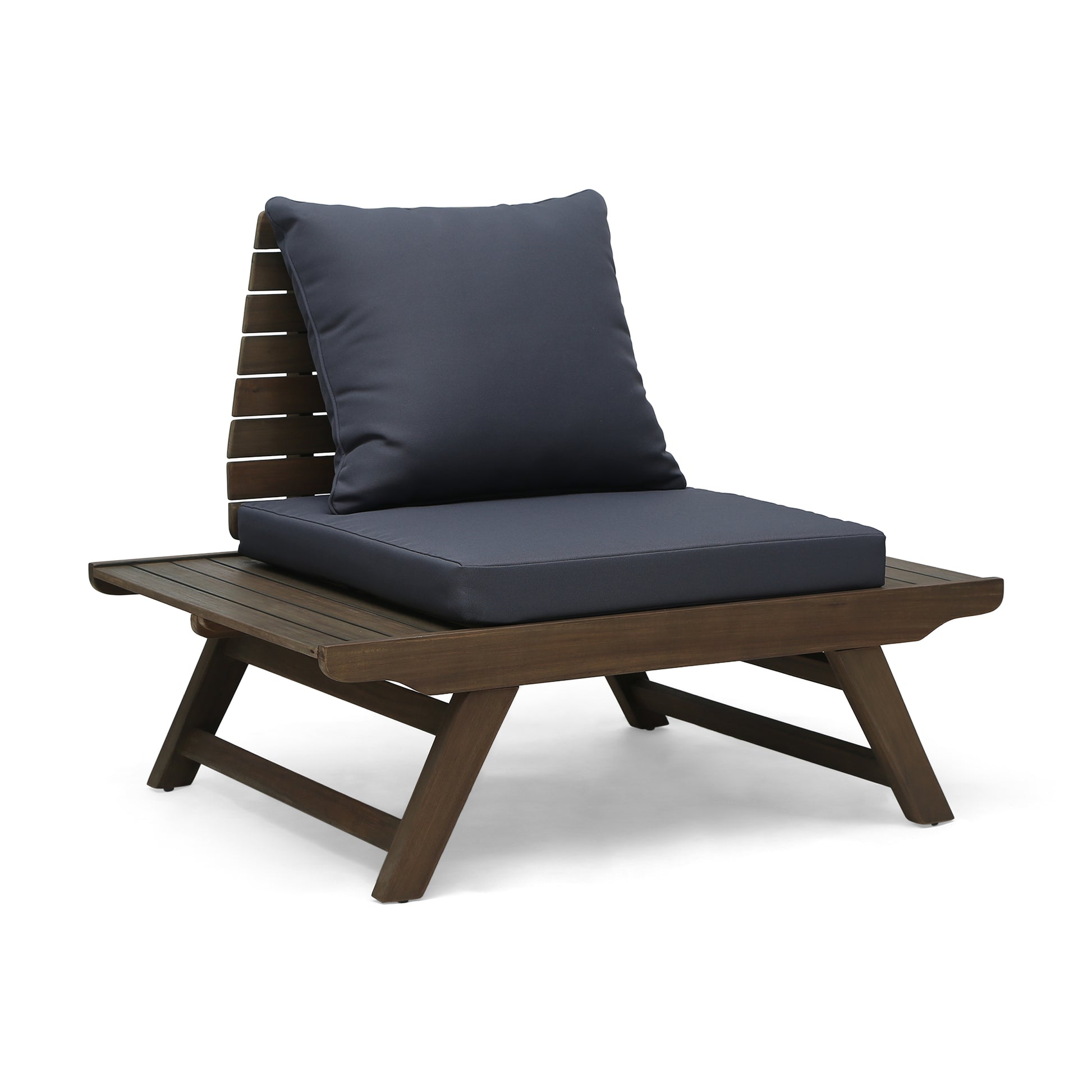 Dark wood outdoor chair with plush charcoal cushions slatted back and wide armrests