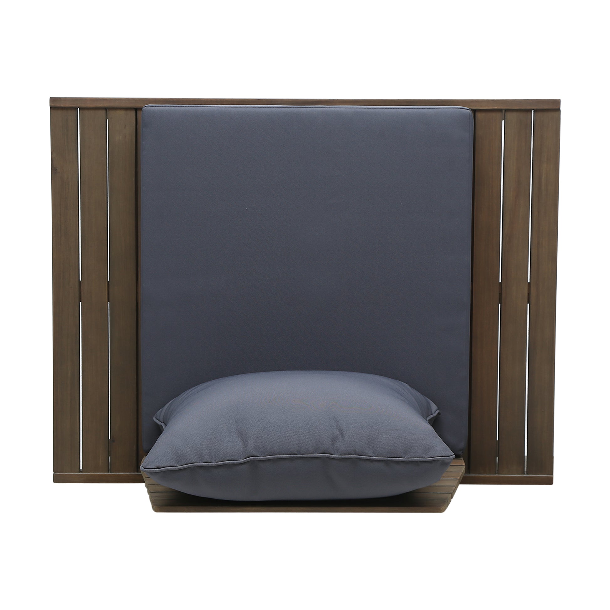 Dark grey cushion and backrest on a wooden patio chair modern outdoor furniture