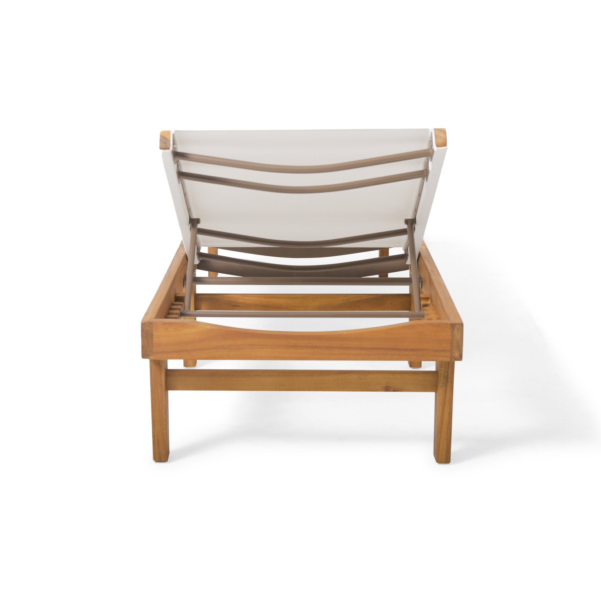 Wooden lounge chair with adjustable white fabric backrest on a white background