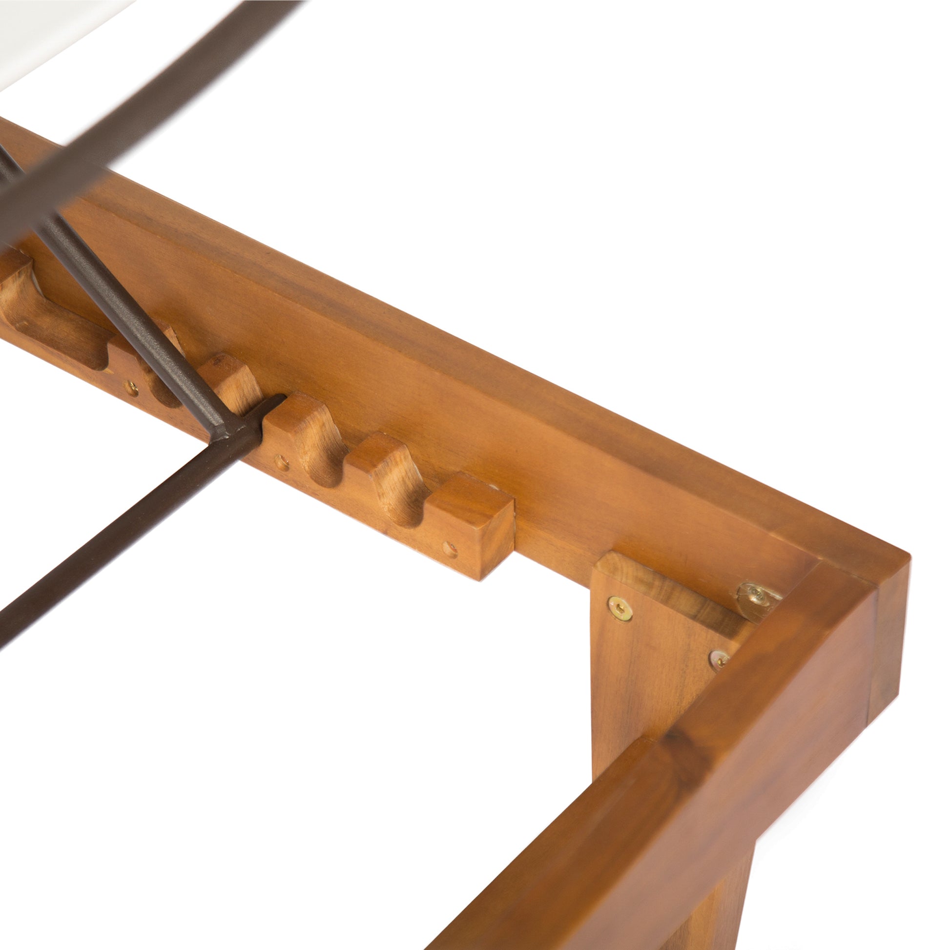 Close up of a wooden deck chair frame with metal supports and adjustable backrest slots