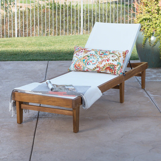 TREATLIFE HOME Outdoor Chaise Lounge with Comfortable Mesh Seat, Sustainable Acacia Wood, Teak Finish, Ideal for Relaxing on Patio or Backyard