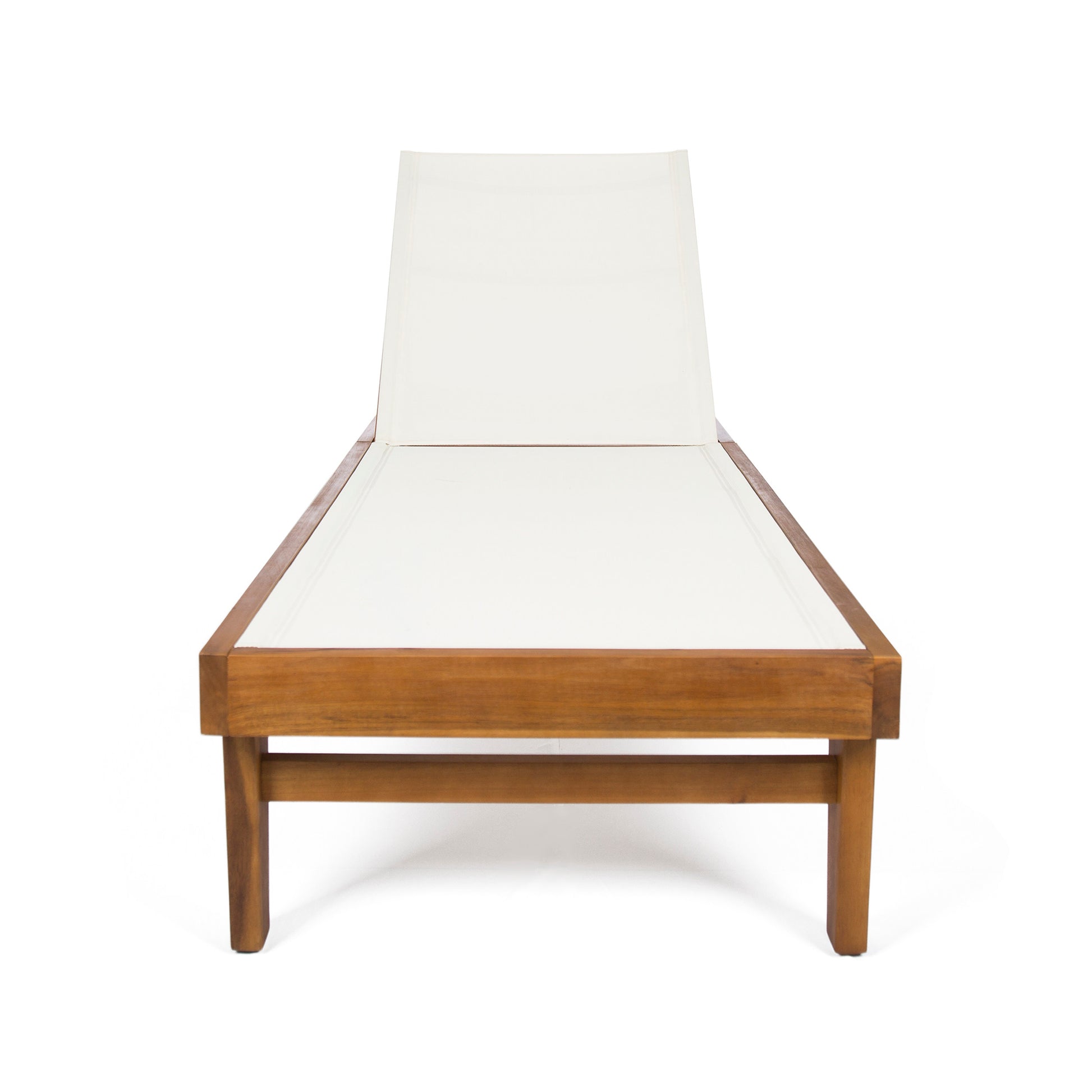 Adjustable reclining wooden chaise lounge chair with white canvas seat for outdoor relaxation