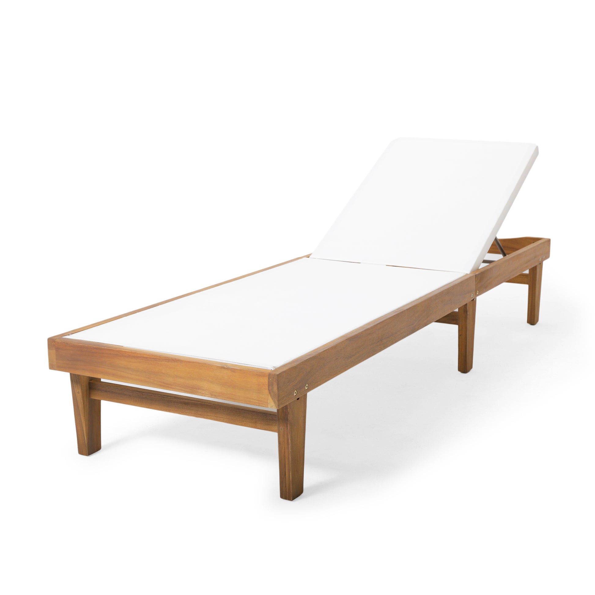 Acacia wood patio chaise lounge with adjustable back and white cushion
