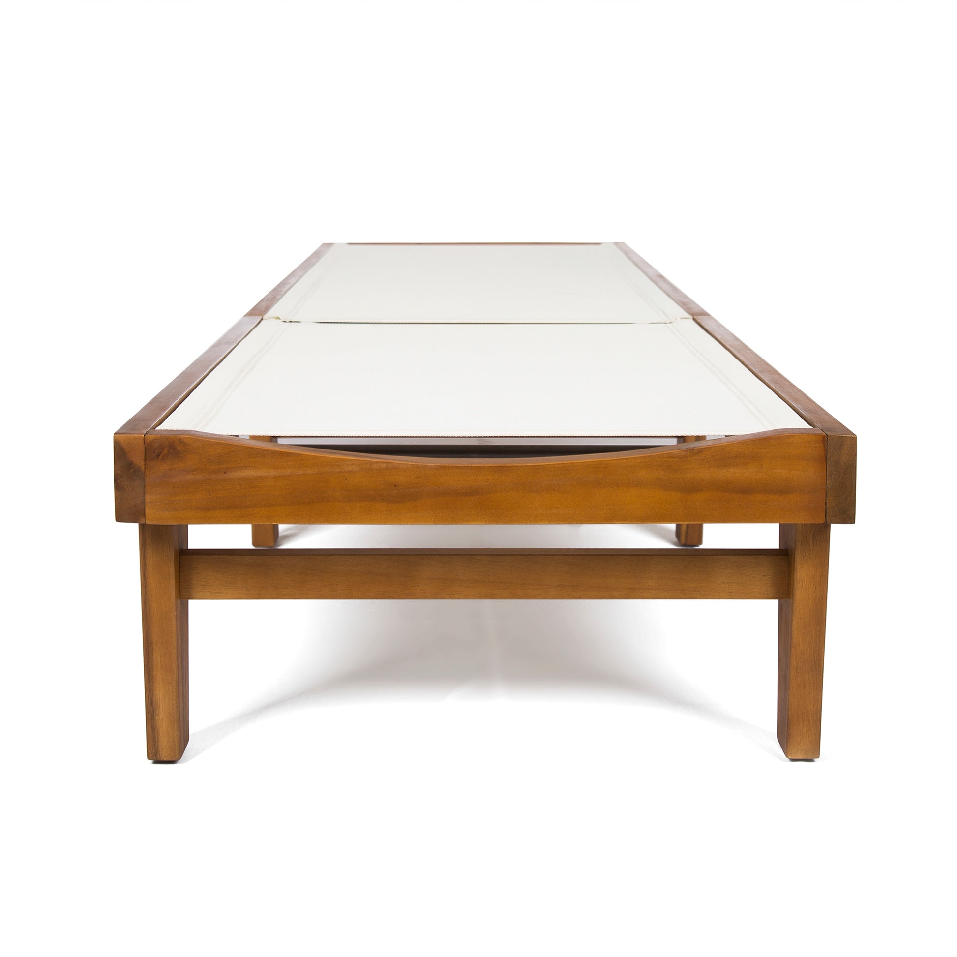 Wooden lounge chair with cream fabric seat and a minimalist design