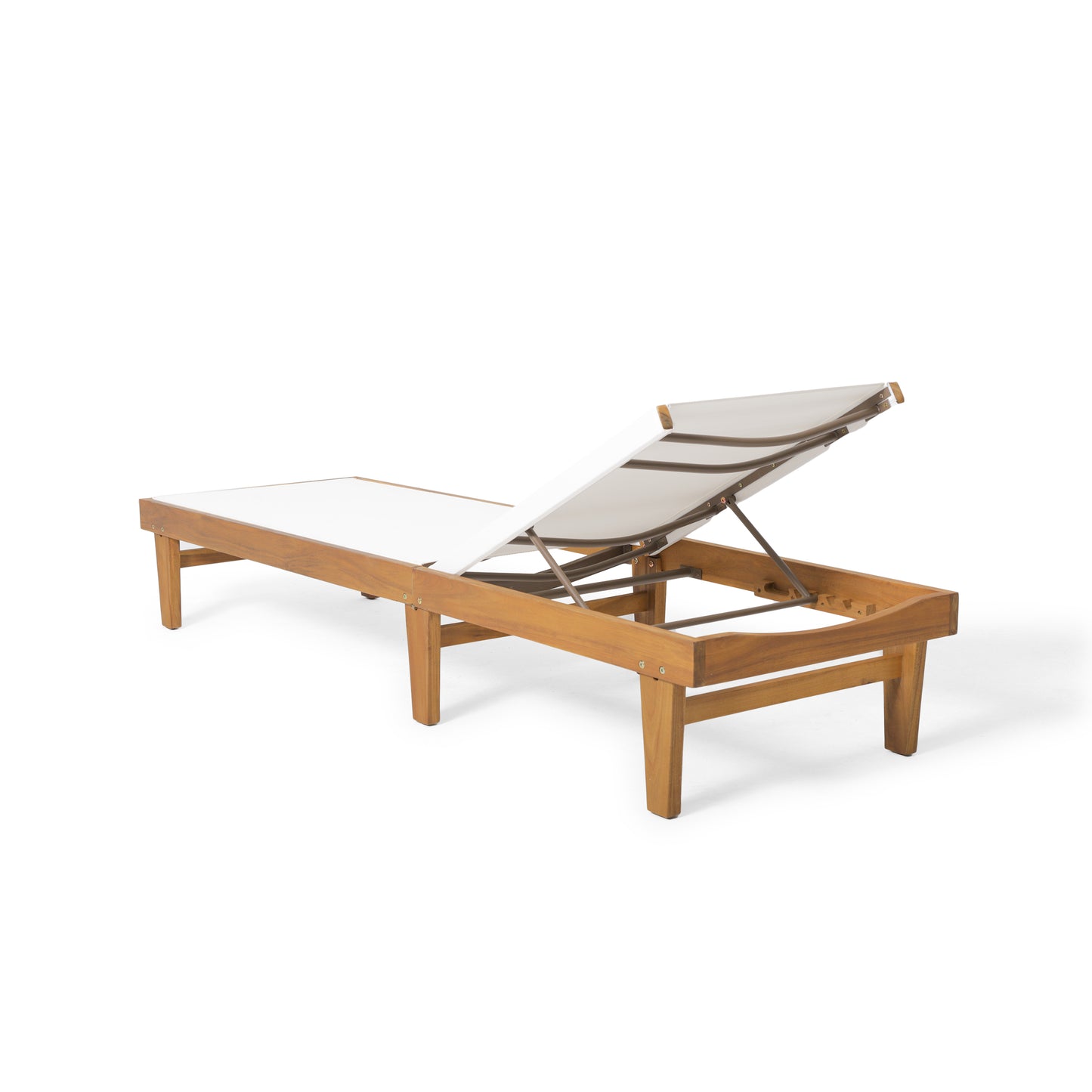 Wooden patio chaise lounge with adjustable recliner in white canvas