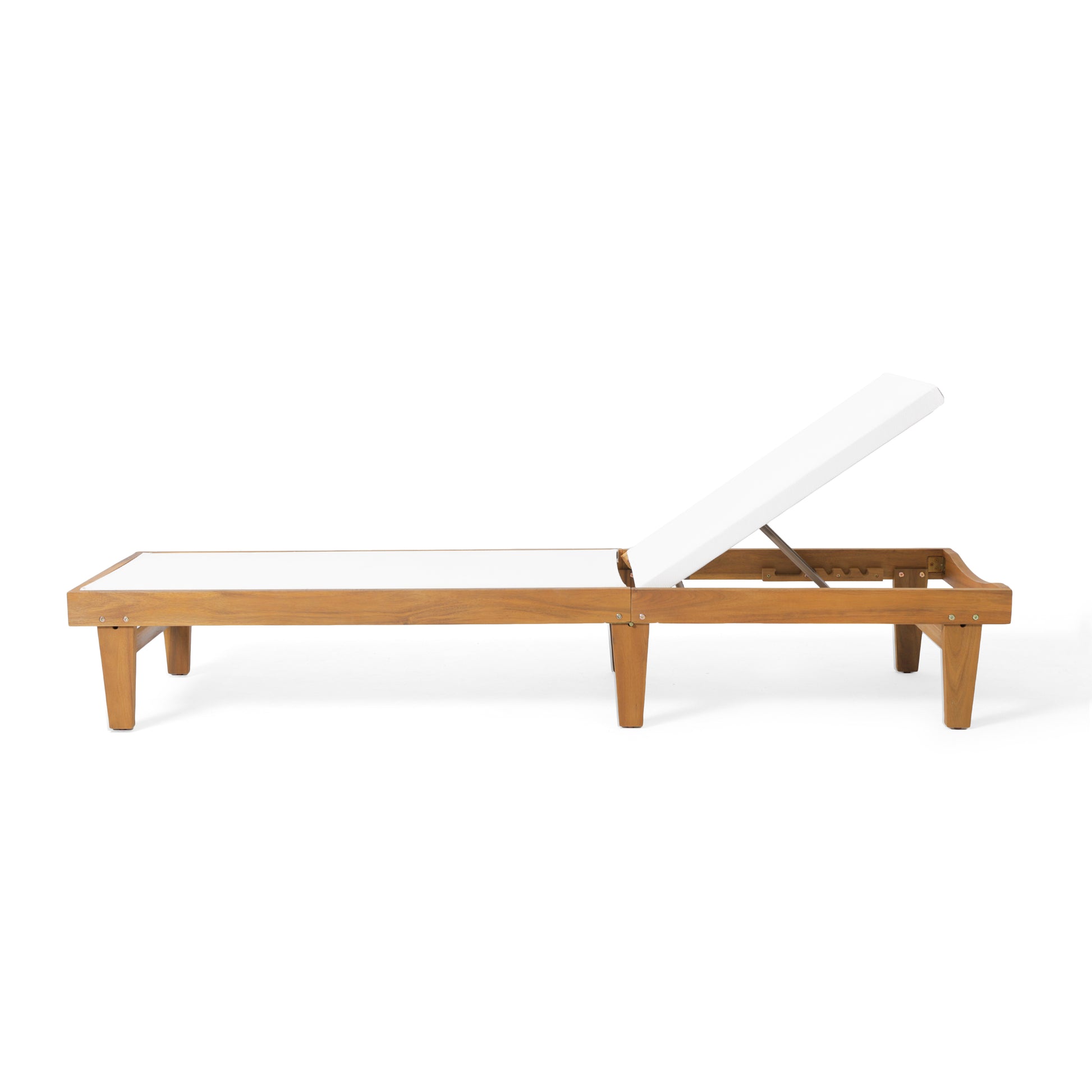 Wooden outdoor chaise lounge with white cushion and adjustable back