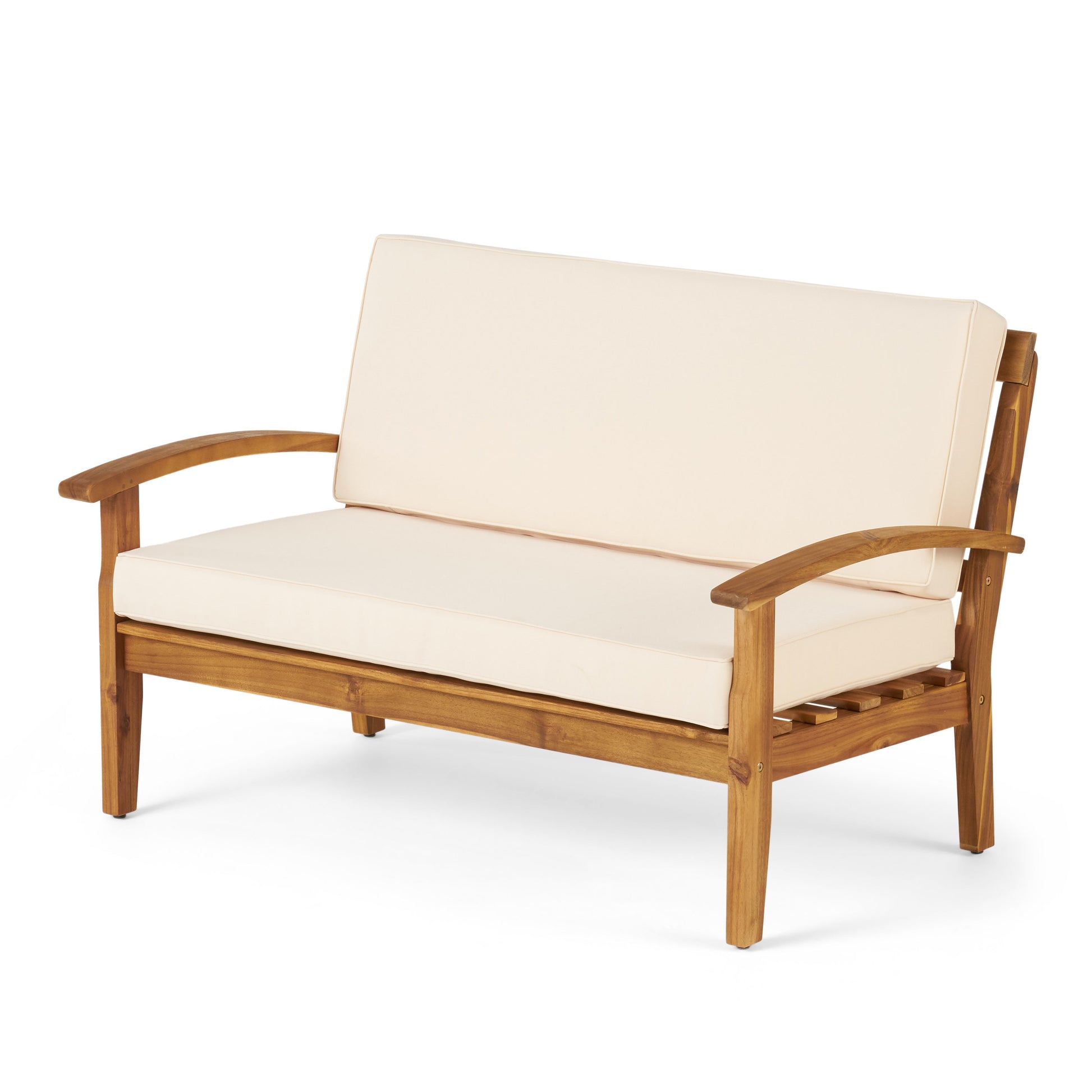 Wooden loveseat with cream cushions ideal for outdoor seating