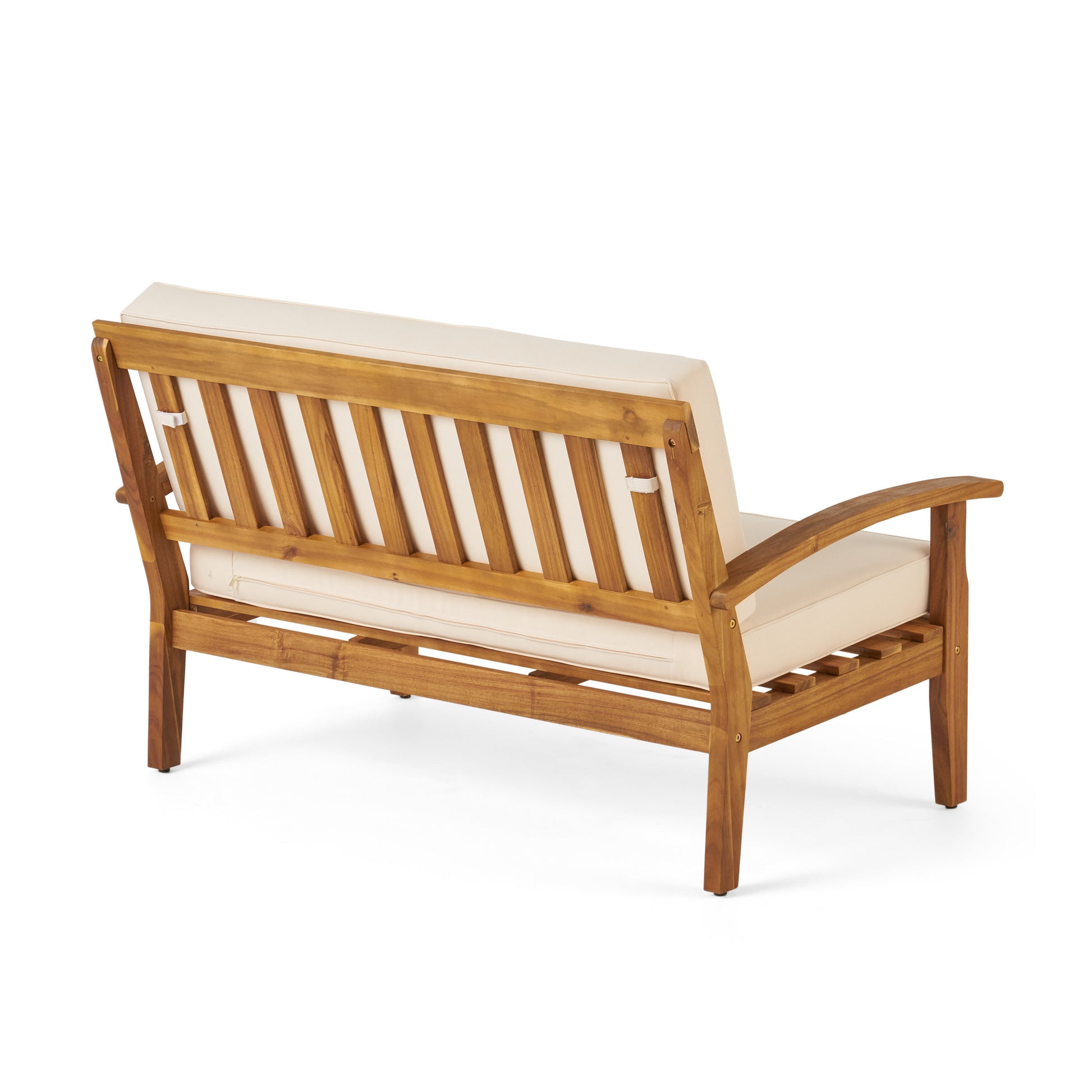 Wooden patio bench with beige cushions and slatted back design