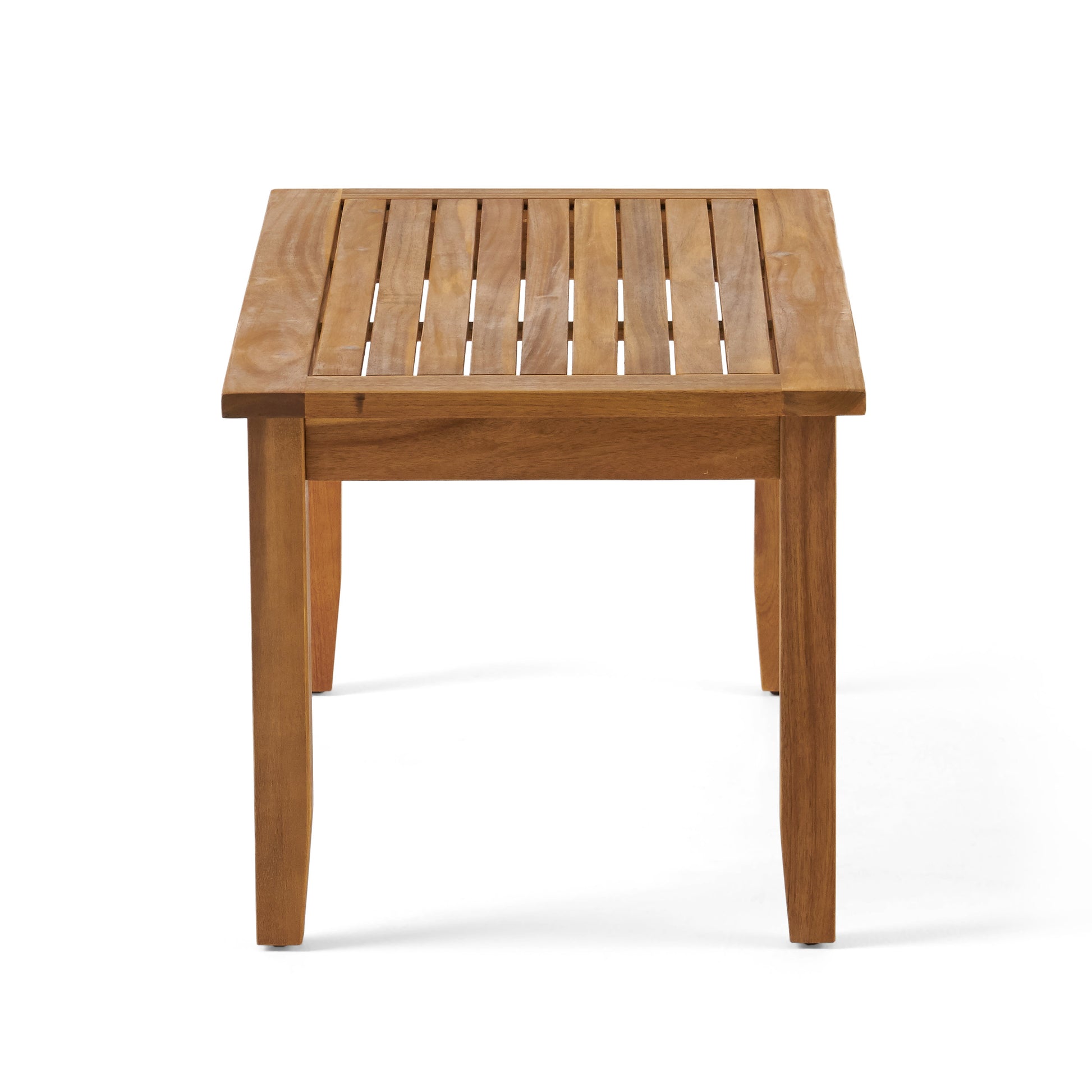 Square wooden patio coffee table with slatted top and four tapered legs