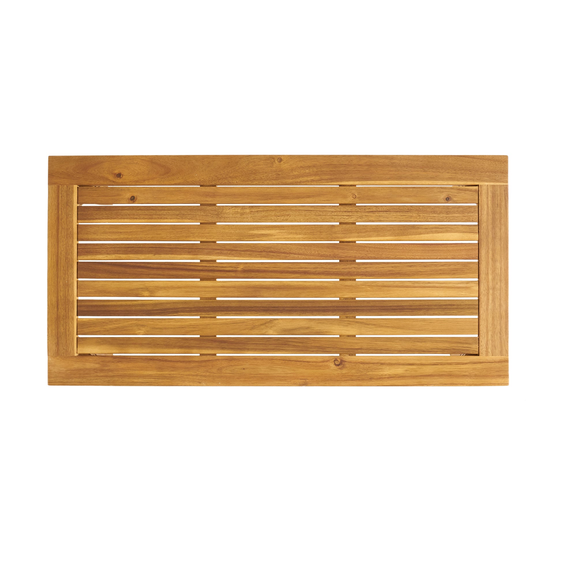 Top view of a rectangular acacia wood slat table top