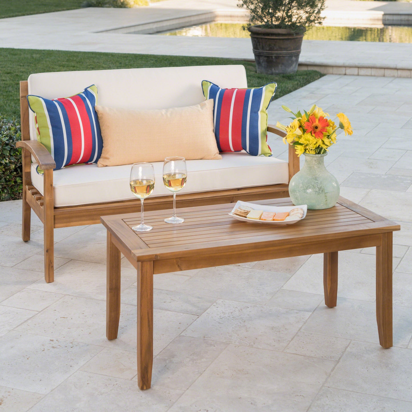 Wooden outdoor coffee table with slatted top perfect for patio use