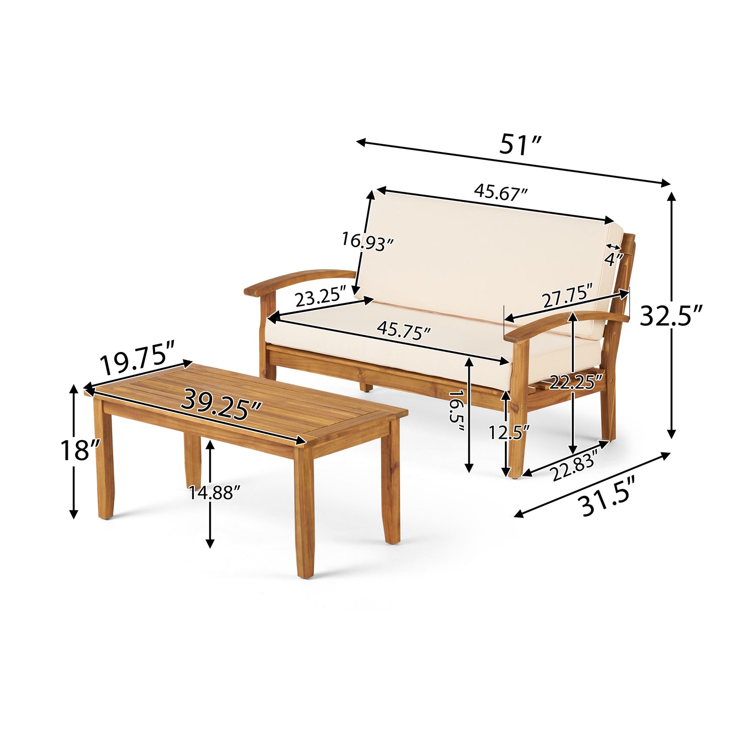 Wooden outdoor sofa and coffee table set with cream cushions perfect for patio spaces