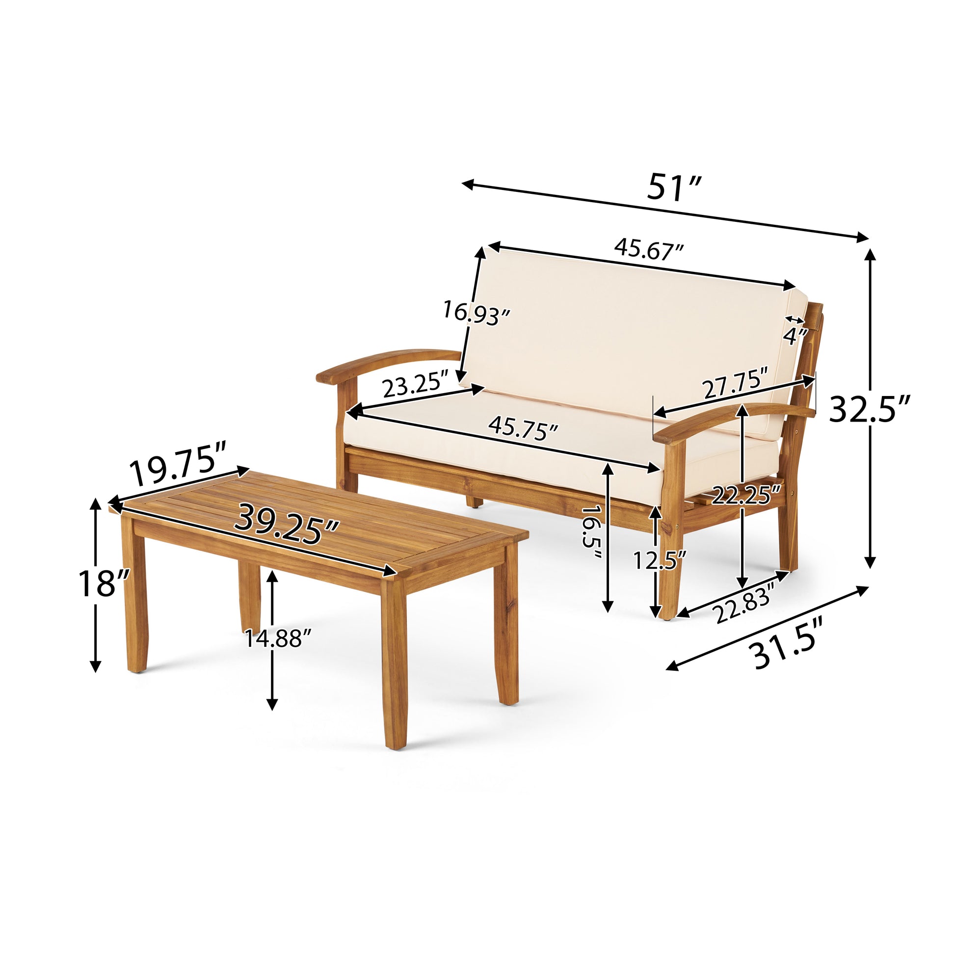 Wooden outdoor sofa and coffee table set with cream cushions perfect for patio spaces