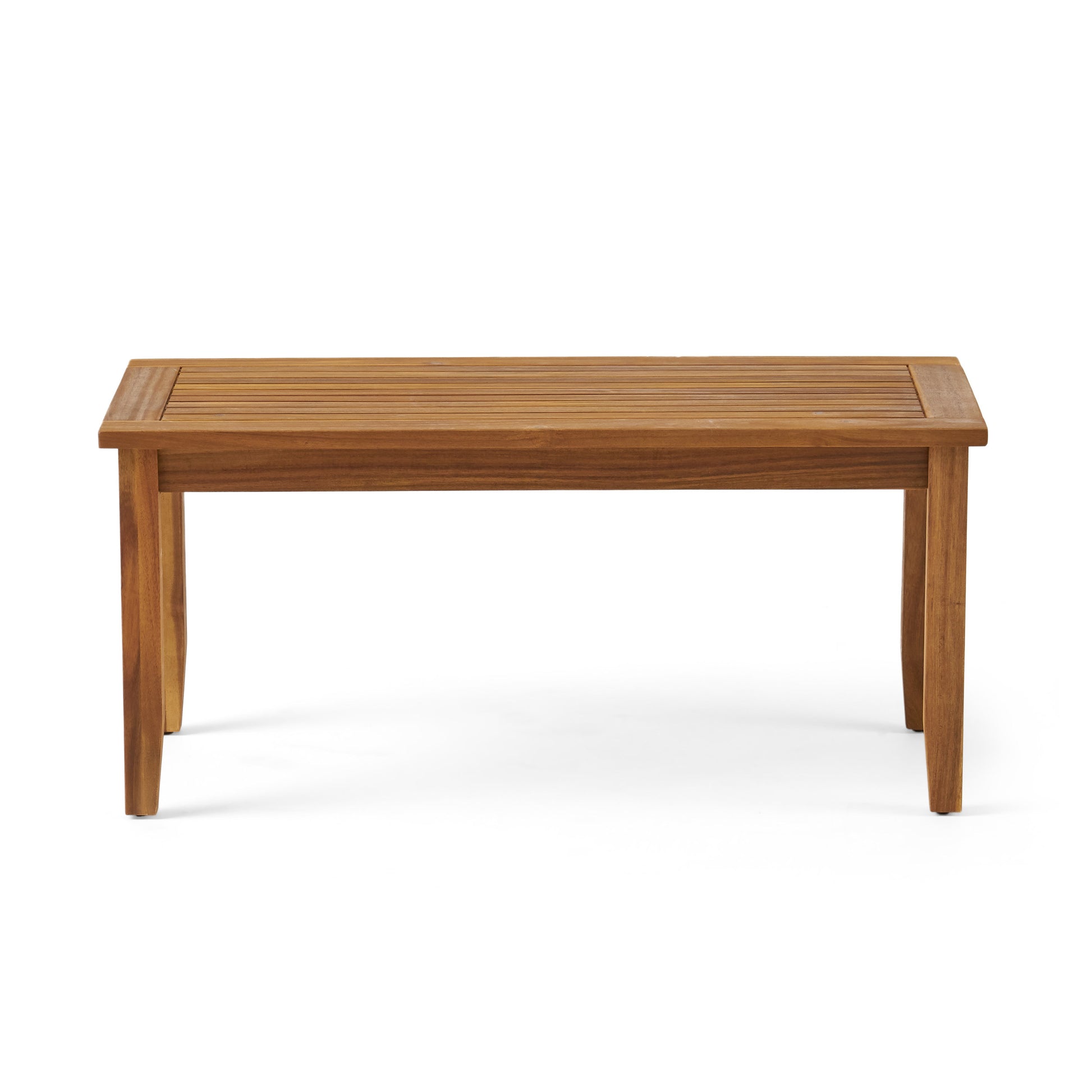 Wooden slat coffee table with natural wood grain perfect for outdoor living spaces