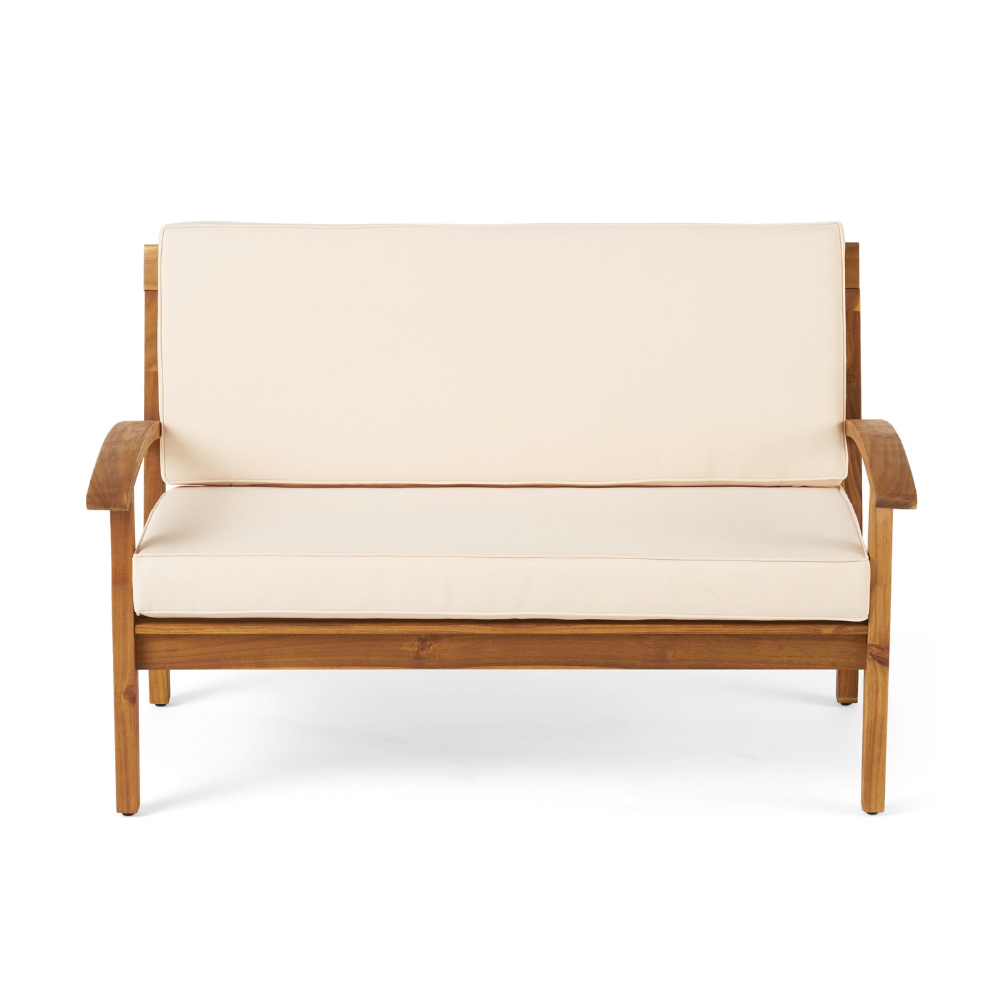 Solid wood loveseat with plush cream cushions perfect for outdoor patio seating