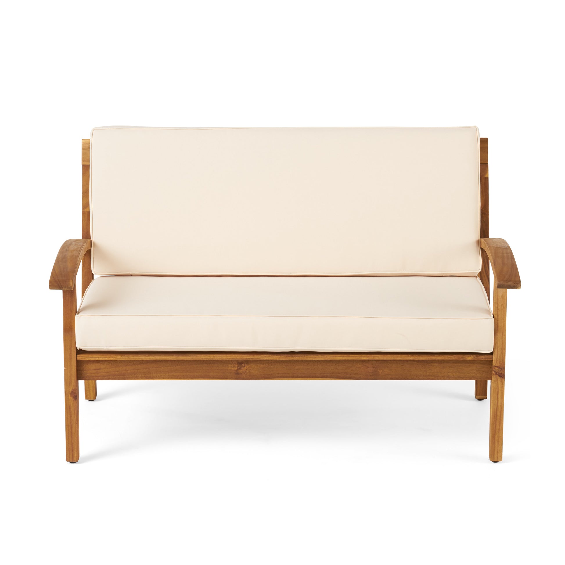 Solid wood loveseat with plush cream cushions perfect for outdoor patio seating