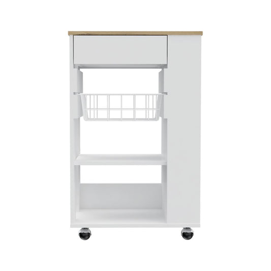 TREATLIFE HOME Kitchen Cart with Two Open Shelves, One Drawer, Rack, and Four Caster Wheels, White and Light Oak