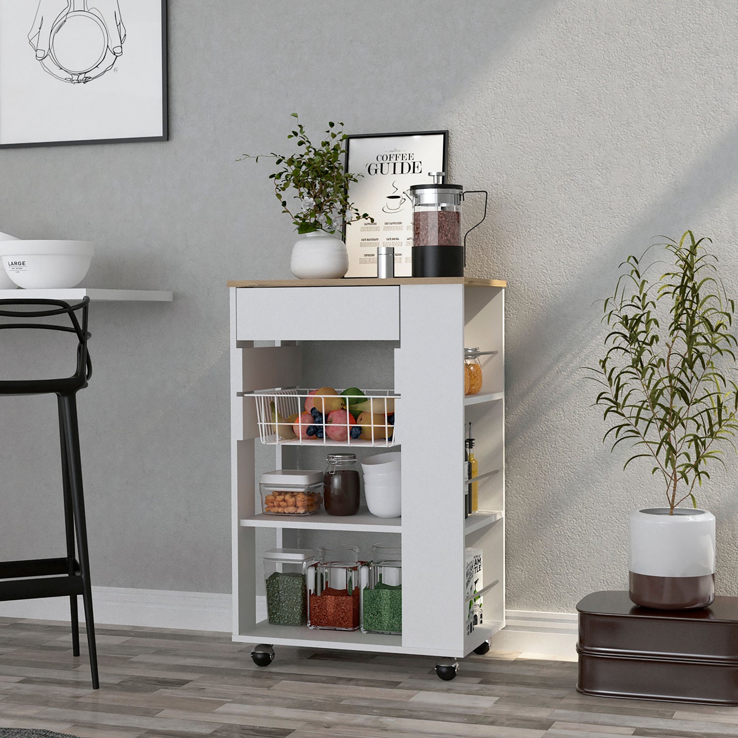 White kitchen cart with storage drawers wire fruit basket and canisters for pantry organization