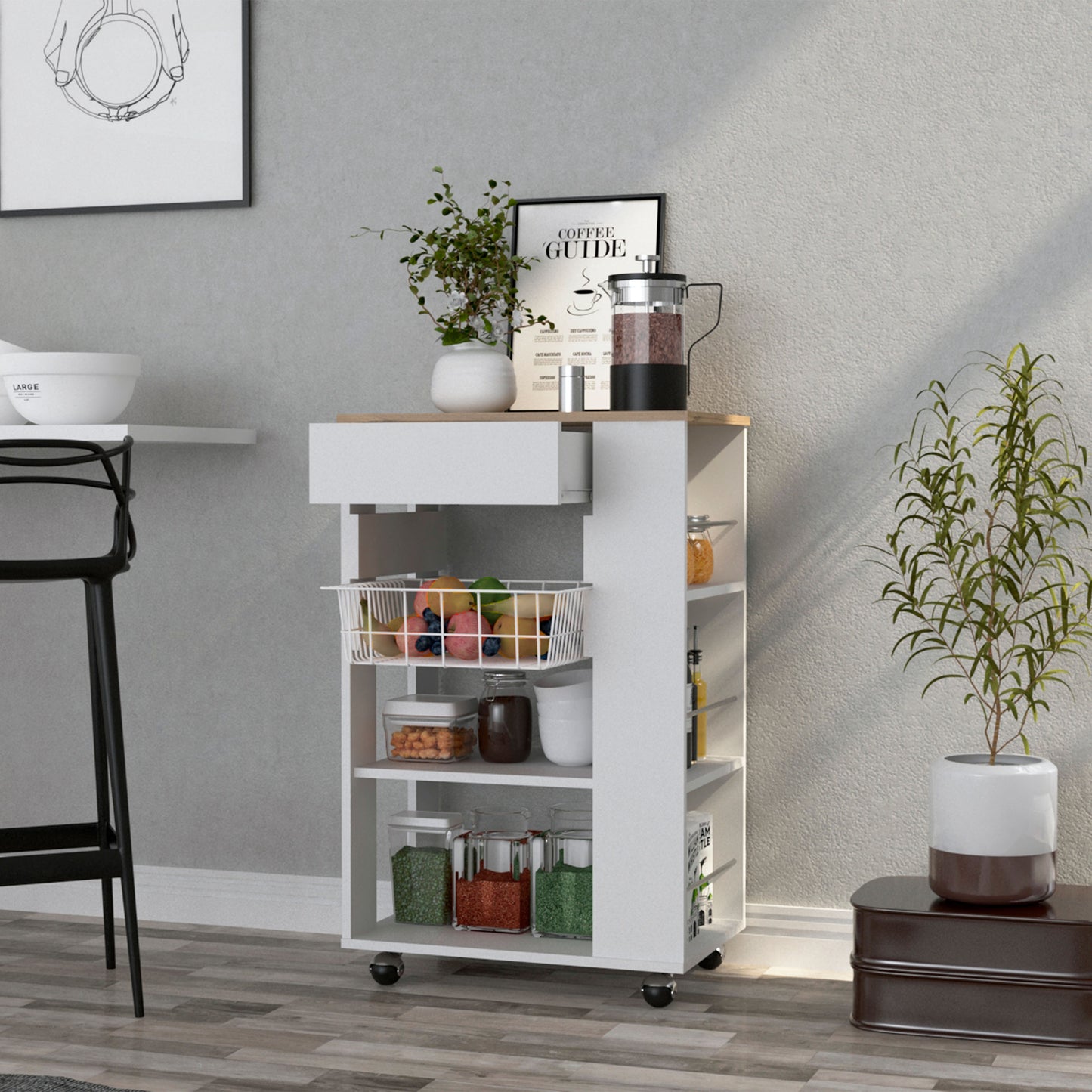 White kitchen cart with fruit basket and storage shelves
