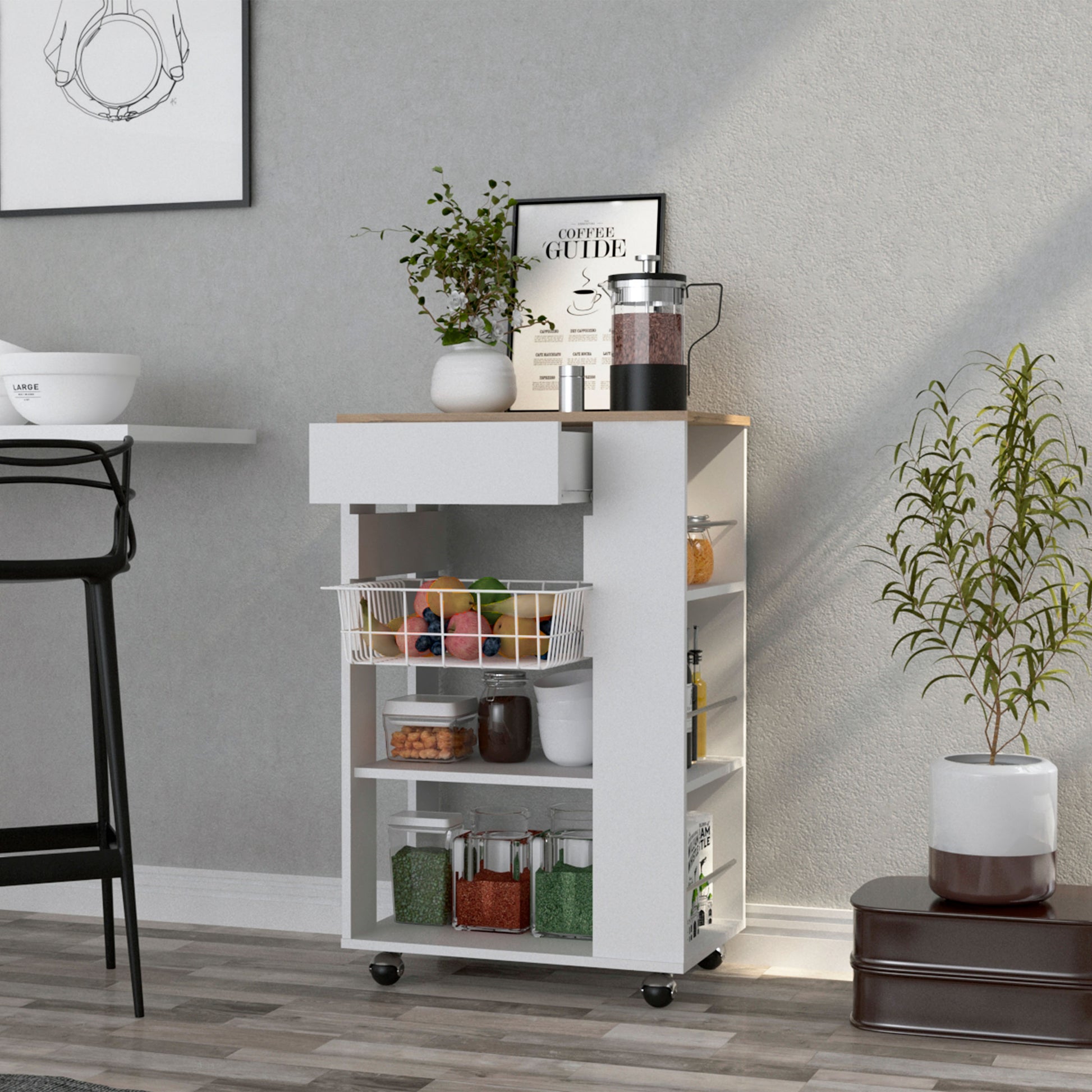 White kitchen cart with fruit basket and storage shelves