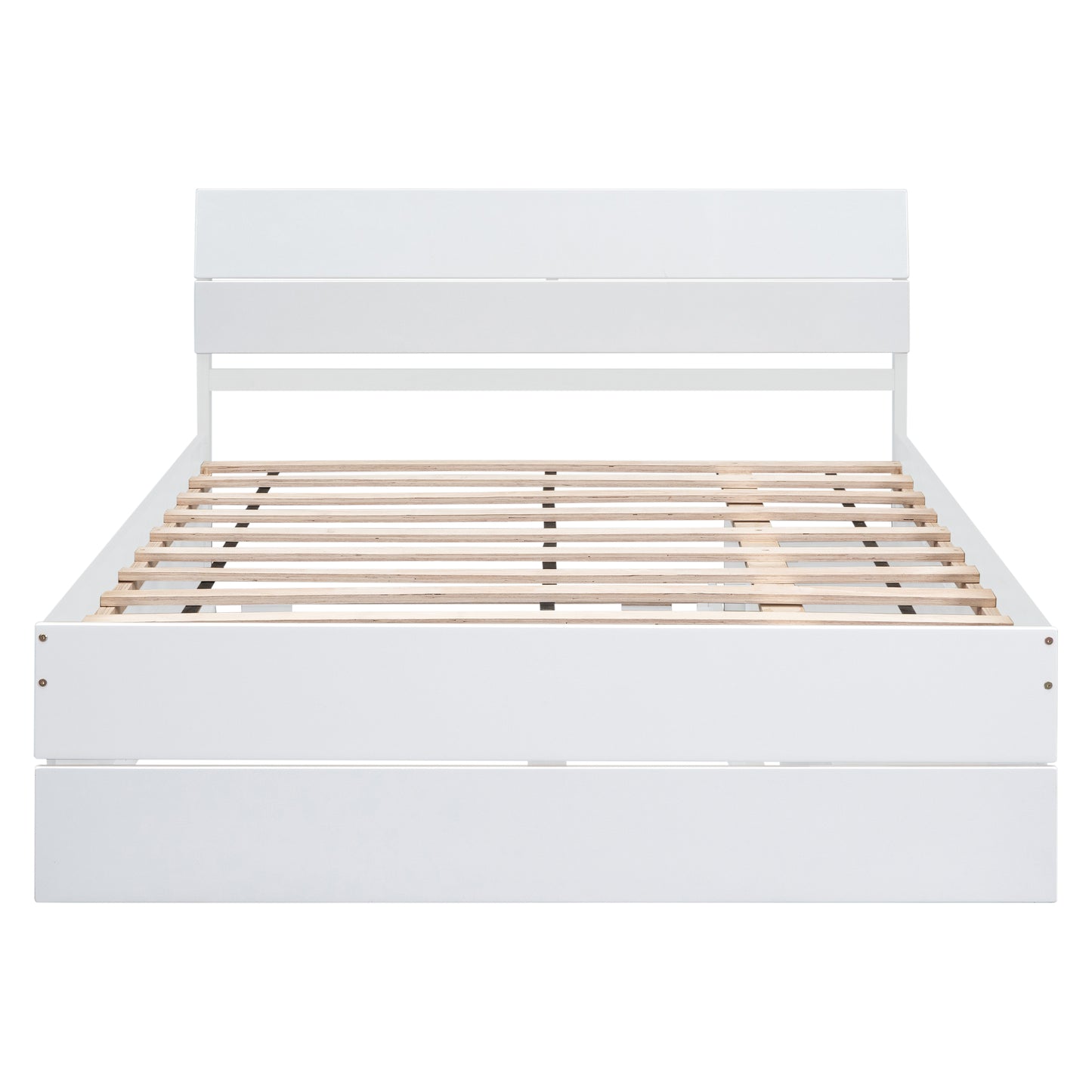 White modern bed frame with a slatted wooden base