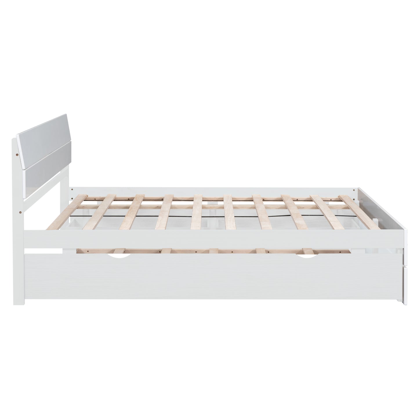 White modern platform bed with wooden slats and two drawers