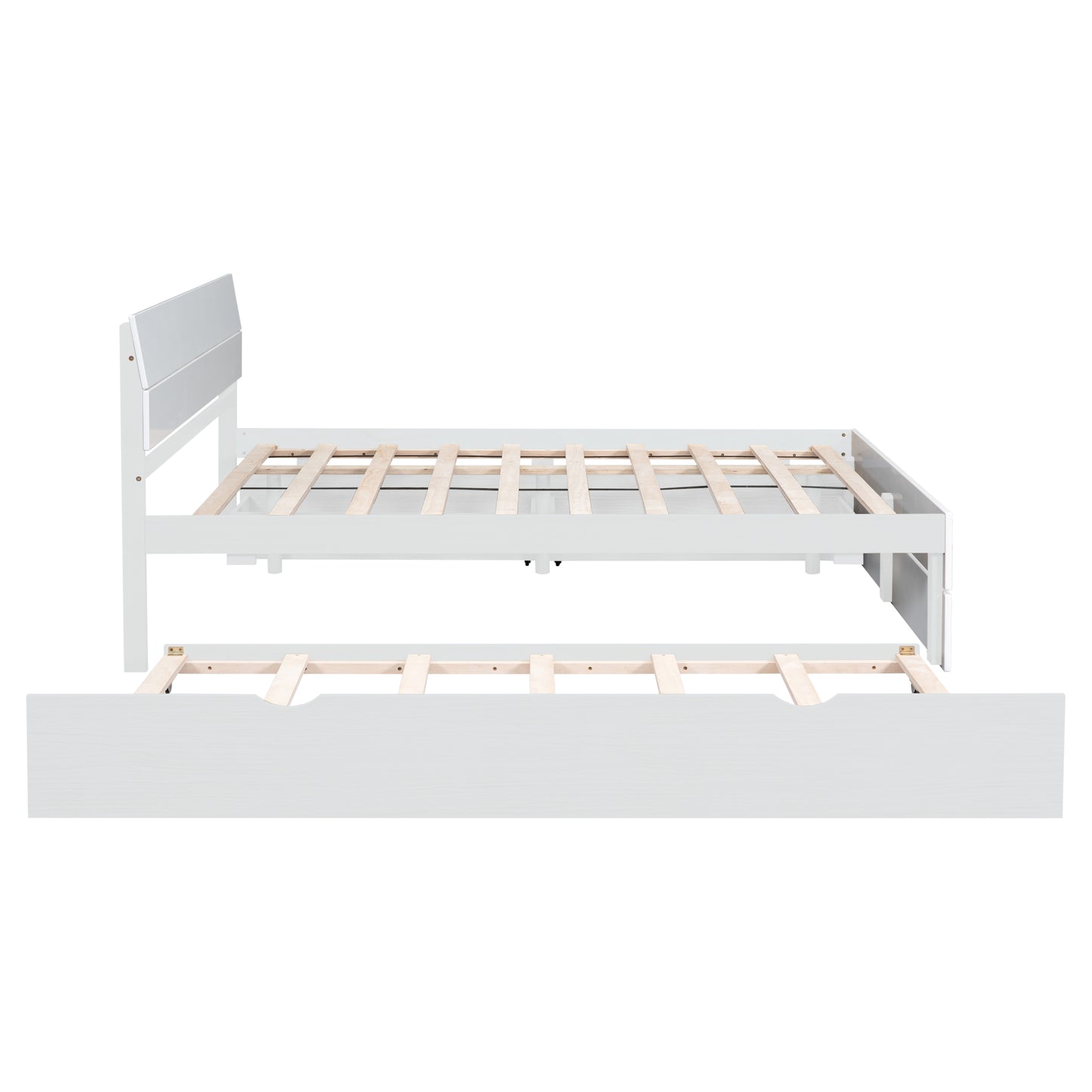 White twin daybed with pullout trundle showing slatted wood base