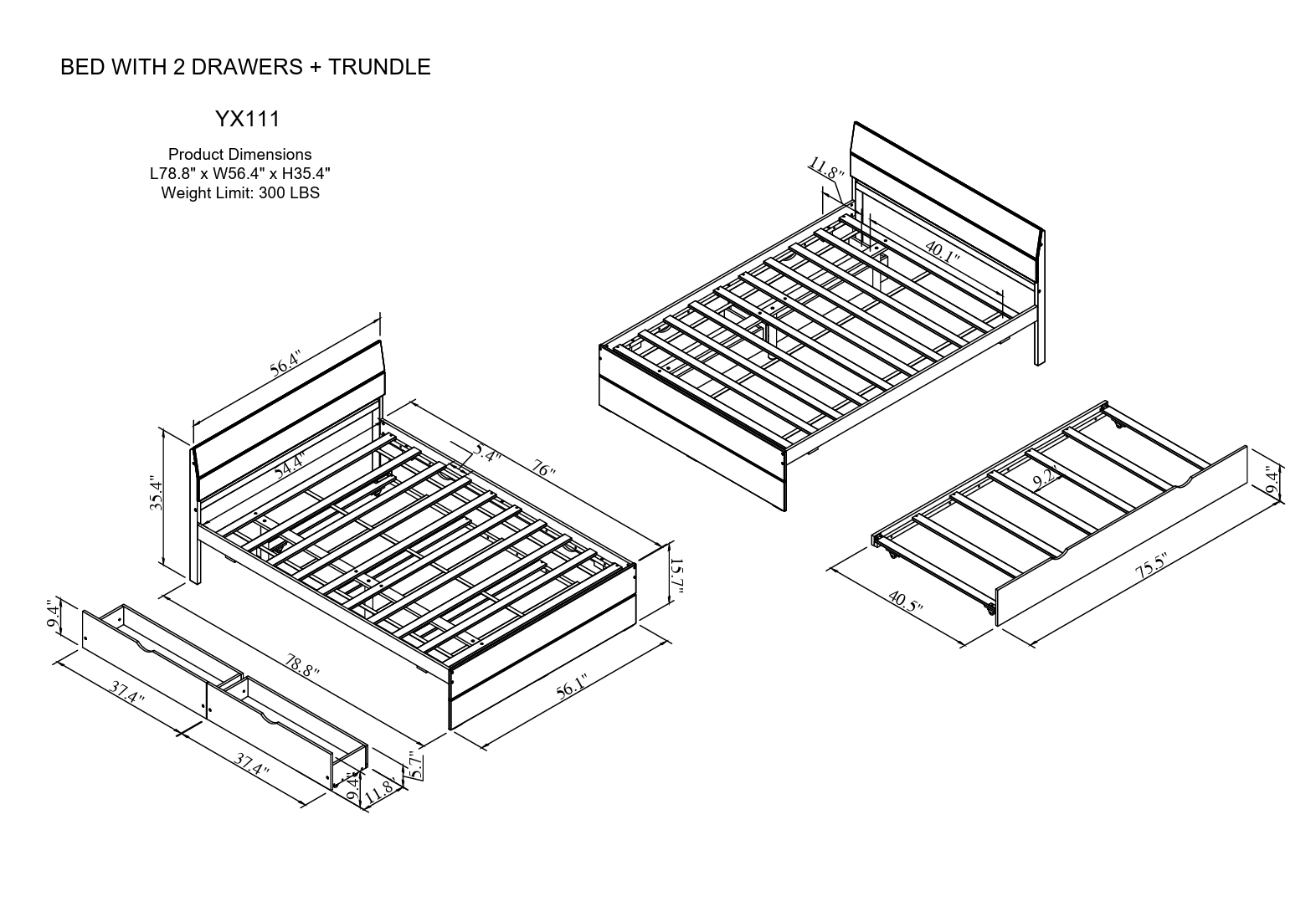 Blueprint diagram of a twin bed frame with two underbed drawers and a trundle